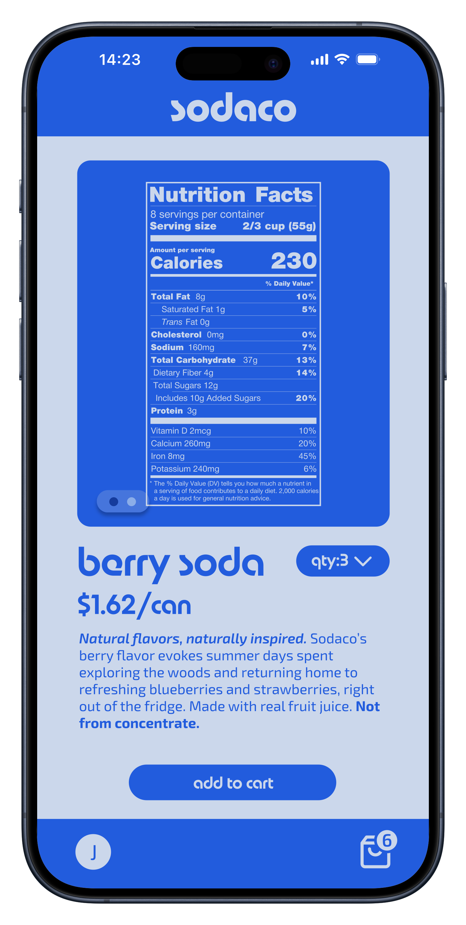 Berry soda store page, now with nutrition facts on display.
