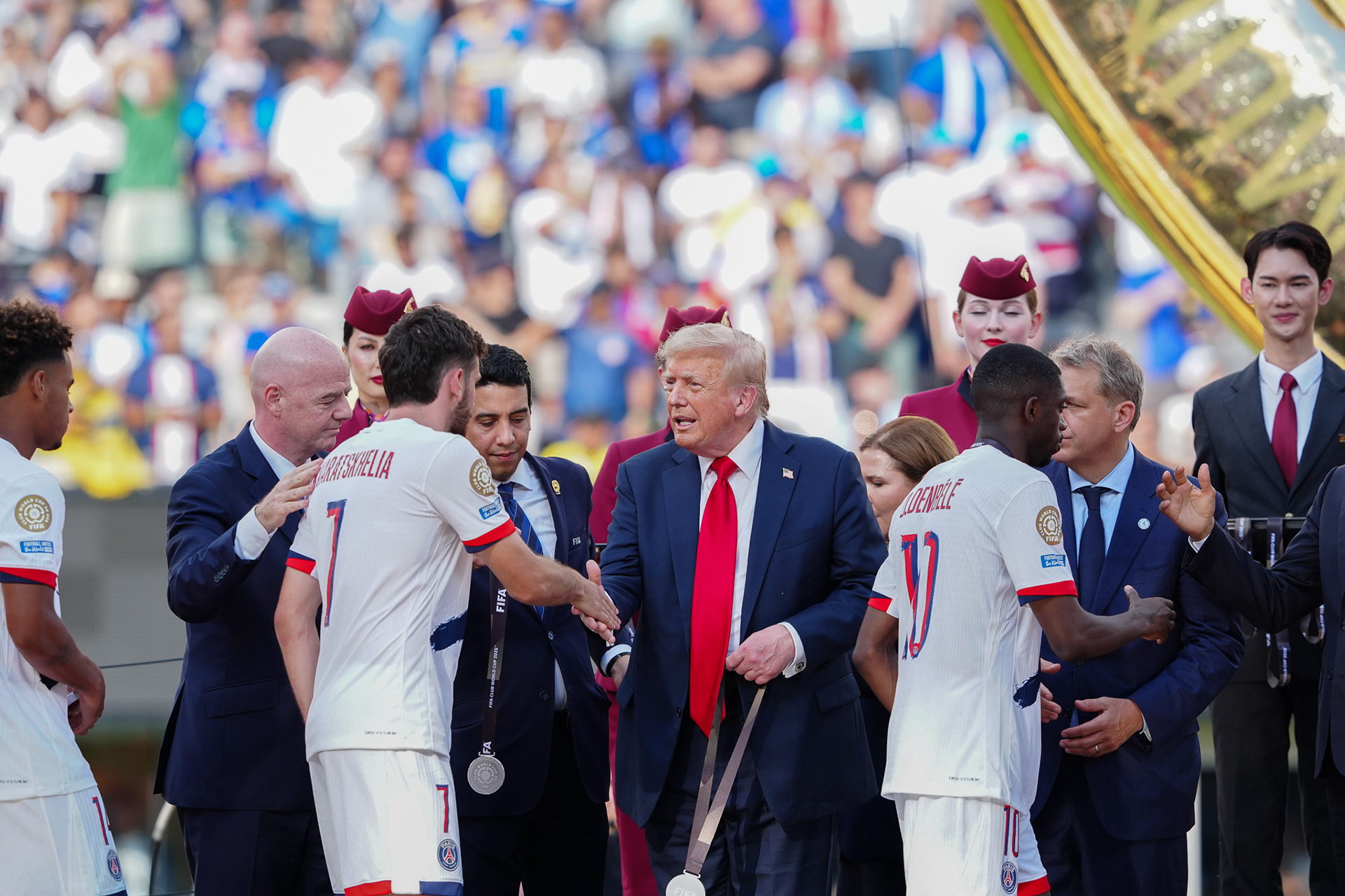 (SPO) Medal Ceremony for Players of Chelsea and PSG: FIFA Club World Cup 2925. July 13, 2025, New Jersey, USA: Medal Ceremony of finalists of FIFA Club World Cup 2025 presented by US President Donald Trump and FIFA President Gianni Infantino after soccer match between Chelsea and PSG valid for the finals of FIFA Club World Cup 2025 at MetLife stadium in New Jersey. Chelsea won 3-0.
