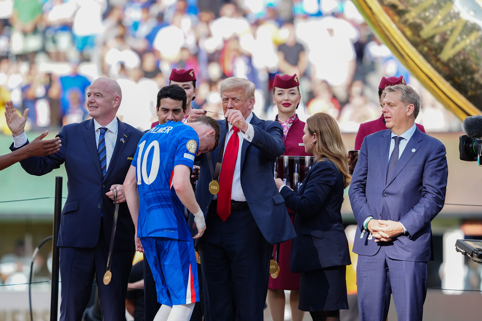 (SPO) Medal Ceremony for Players of Chelsea and PSG: FIFA Club World Cup 2925. July 13, 2025, New Jersey, USA: Medal Ceremony of finalists of FIFA Club World Cup 2025 presented by US President Donald Trump and FIFA President Gianni Infantino after soccer match between Chelsea and PSG valid for the finals of FIFA Club World Cup 2025 at MetLife stadium in New Jersey. Chelsea won 3-0.