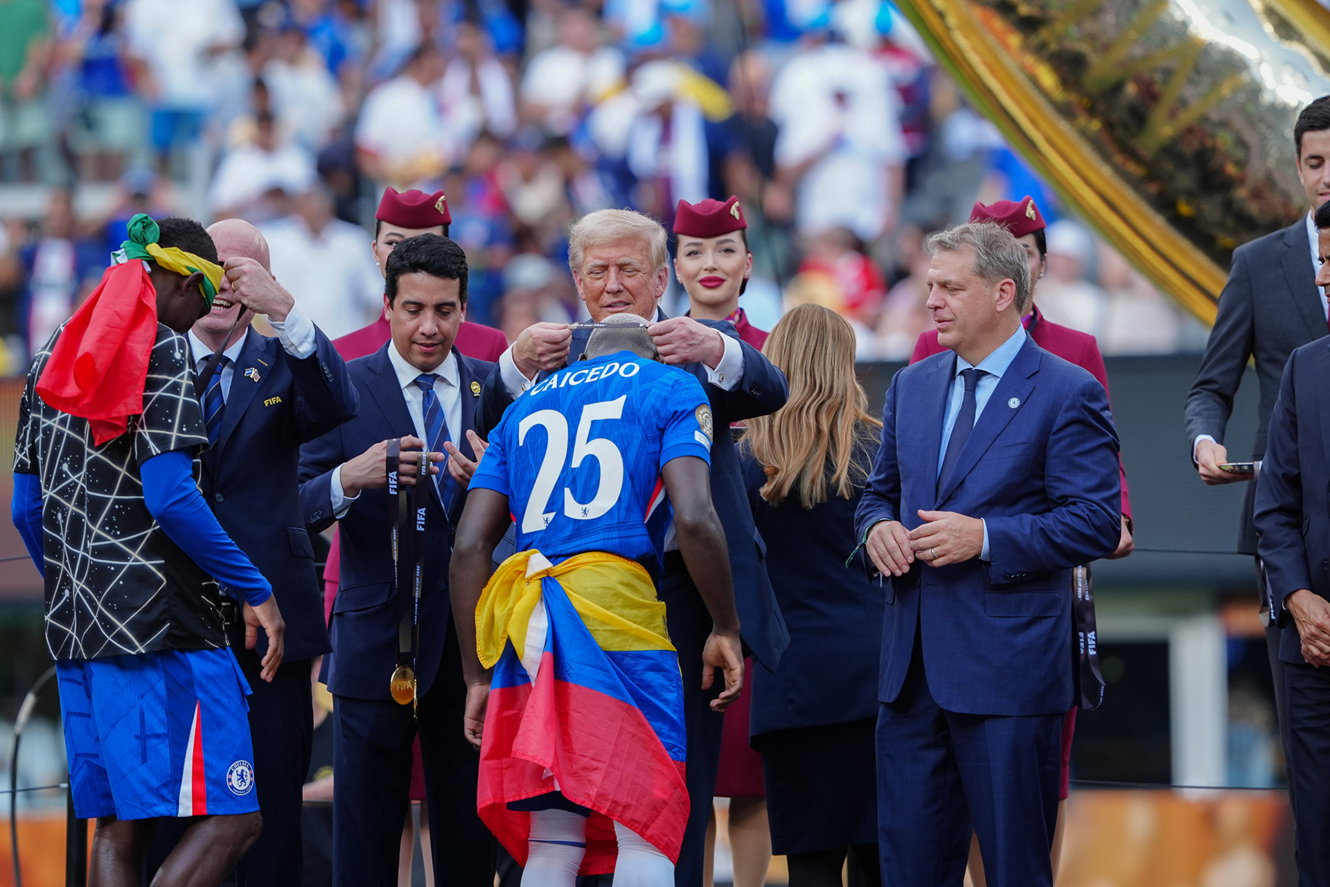 (SPO) Medal Ceremony for Players of Chelsea and PSG: FIFA Club World Cup 2925. July 13, 2025, New Jersey, USA: Medal Ceremony of finalists of FIFA Club World Cup 2025 presented by US President Donald Trump and FIFA President Gianni Infantino after soccer match between Chelsea and PSG valid for the finals of FIFA Club World Cup 2025 at MetLife stadium in New Jersey. Chelsea won 3-0.