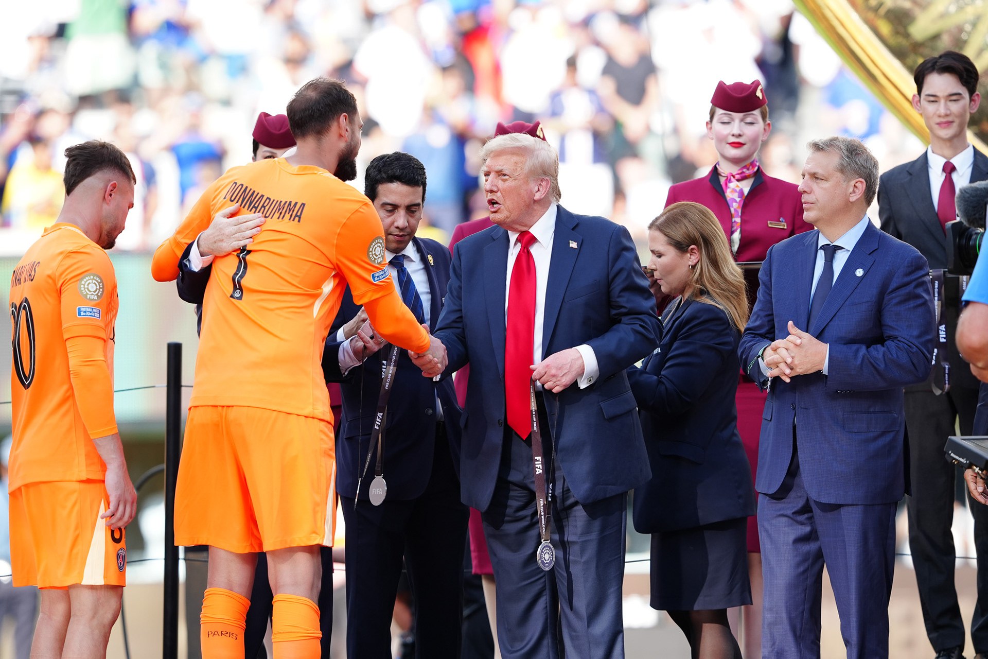 (SPO) Medal Ceremony for Players of Chelsea and PSG: FIFA Club World Cup 2925. July 13, 2025, New Jersey, USA: Medal Ceremony of finalists of FIFA Club World Cup 2025 presented by US President Donald Trump and FIFA President Gianni Infantino after soccer match between Chelsea and PSG valid for the finals of FIFA Club World Cup 2025 at MetLife stadium in New Jersey. Chelsea won 3-0.