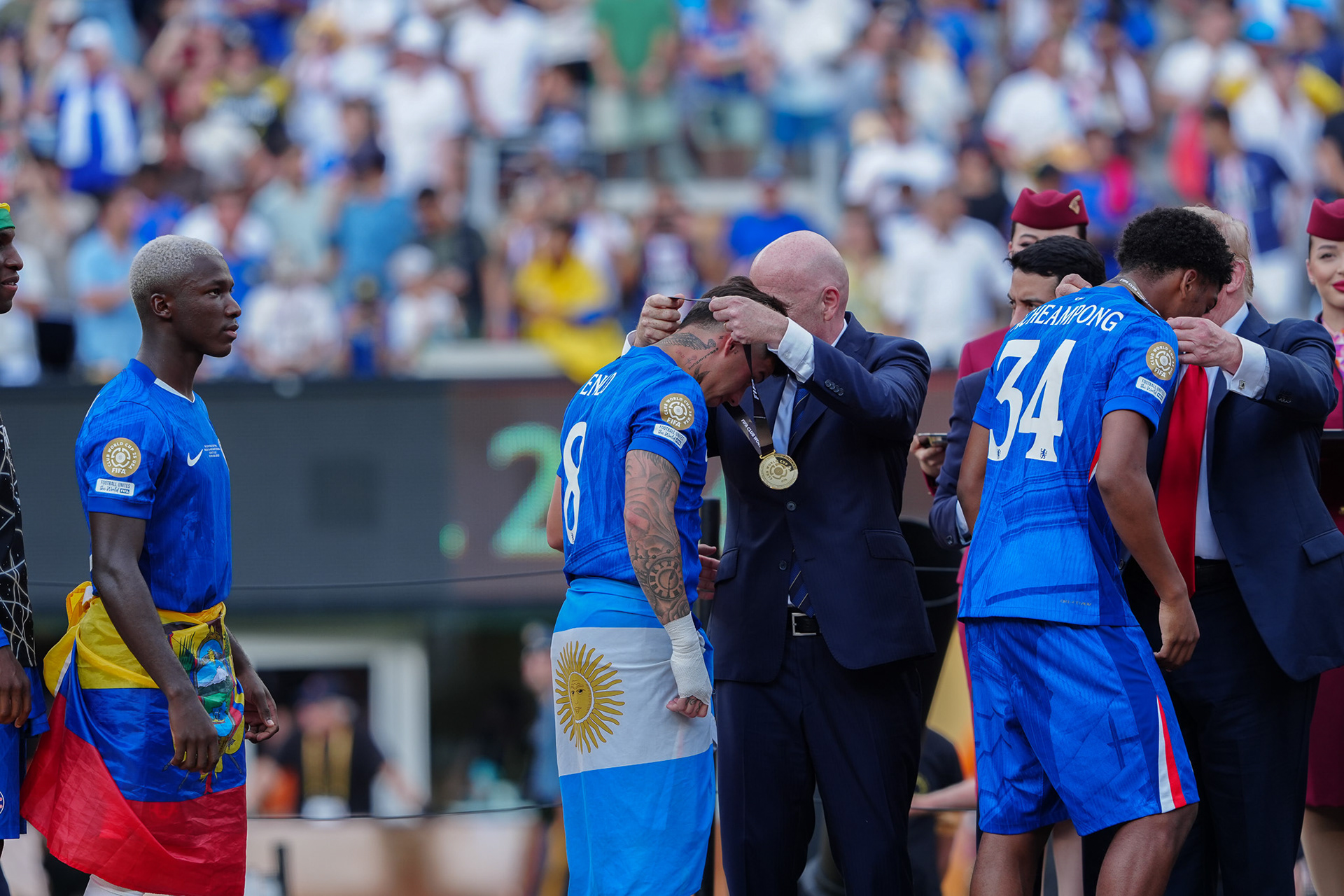 (SPO) Medal Ceremony for Players of Chelsea and PSG: FIFA Club World Cup 2925. July 13, 2025, New Jersey, USA: Medal Ceremony of finalists of FIFA Club World Cup 2025 presented by US President Donald Trump and FIFA President Gianni Infantino after soccer match between Chelsea and PSG valid for the finals of FIFA Club World Cup 2025 at MetLife stadium in New Jersey. Chelsea won 3-0.