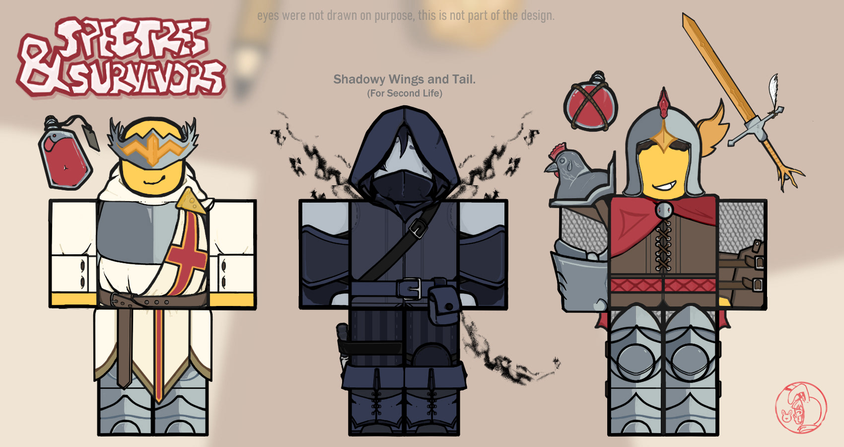A DND style skin set for the survivors; Elliot, Two Time, and Shedletsky in Forsaken. A cleric, rogue and warrior. Fan skin concept, not offical.
