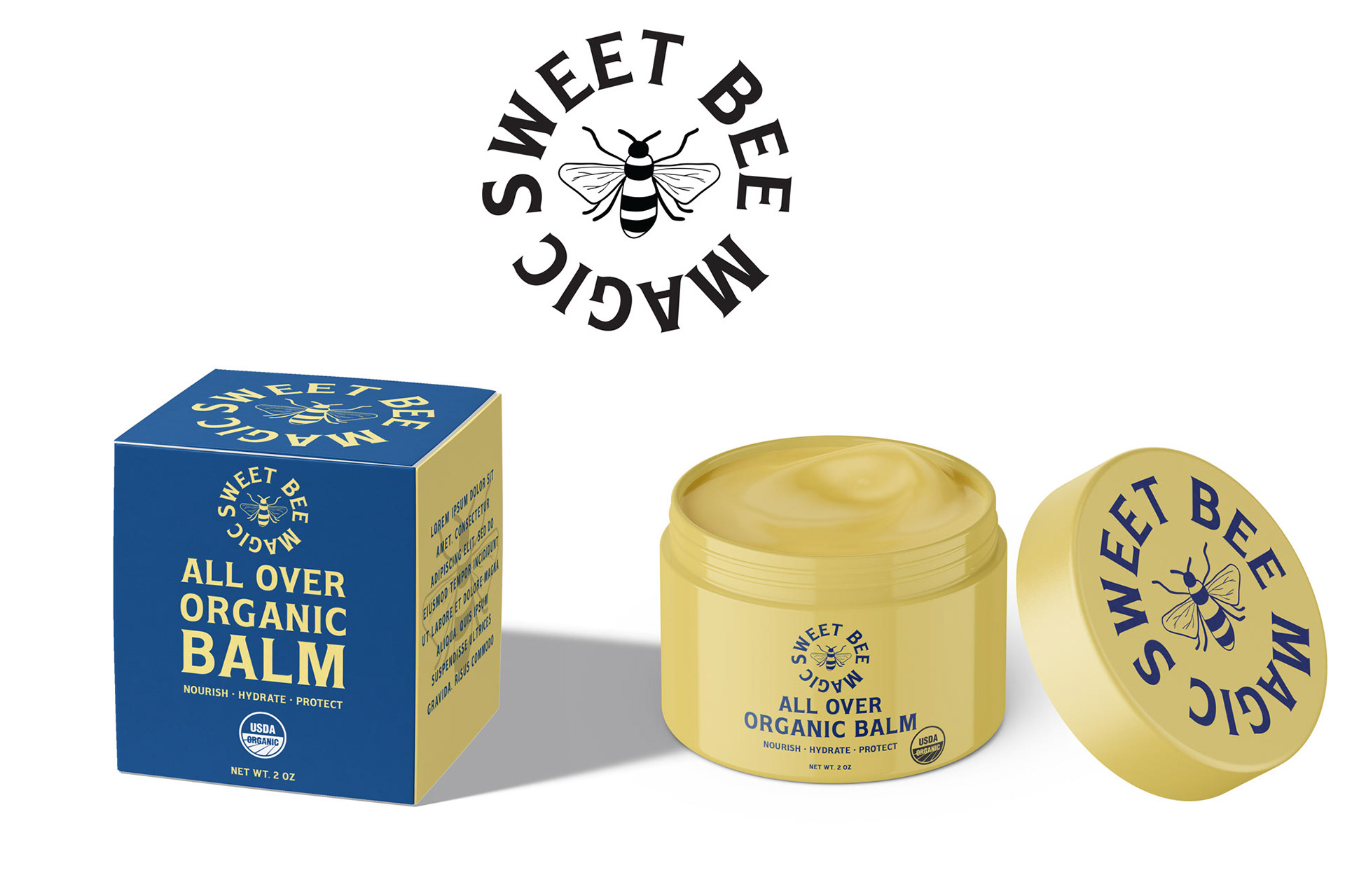 Blue from R1 #2 (FOLK) + softer yellow letting and yellow jar. No ingredient callouts.