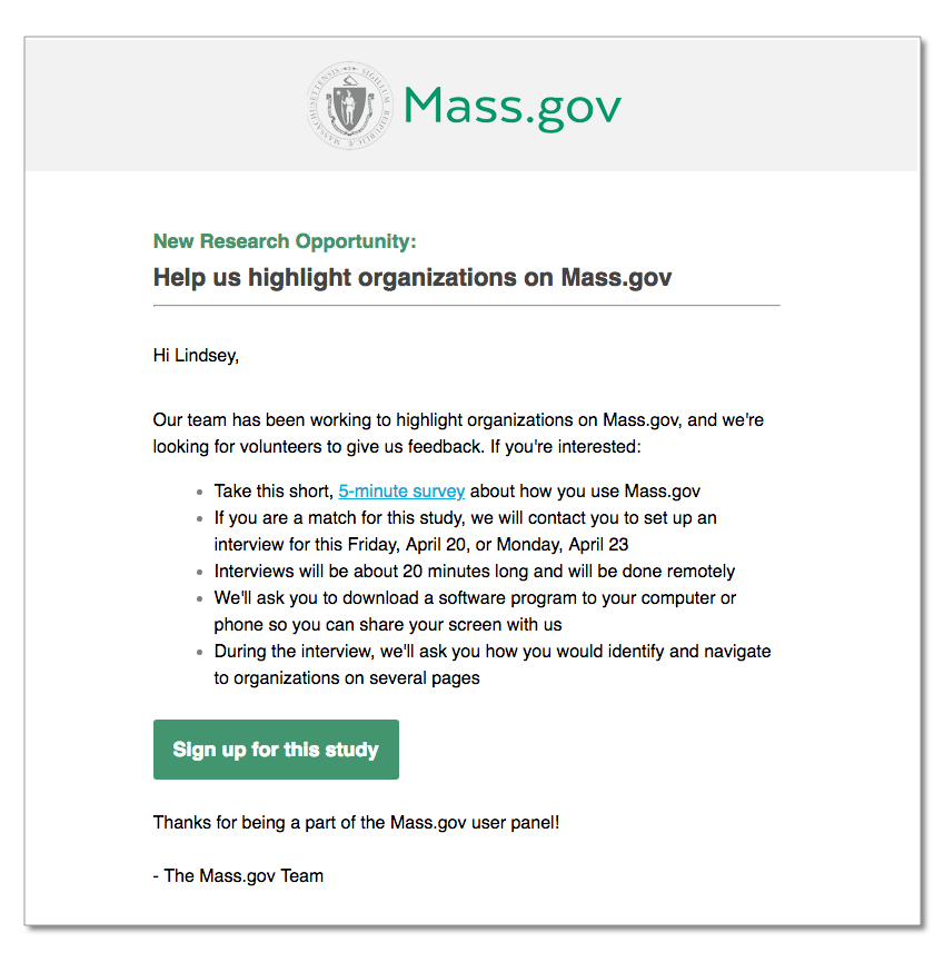 User Research study invitation by email