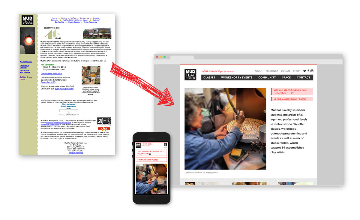 Collage of the old, unresponsive site next to the new design