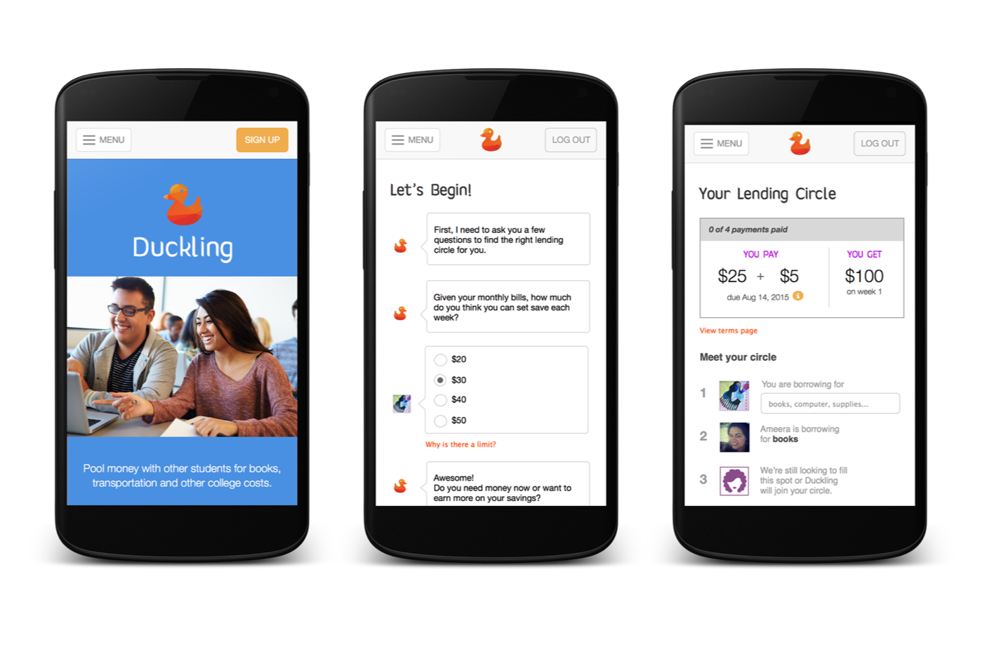 Three screens within the Duckling prototype: the intro, the setup chat and the lending circle screen