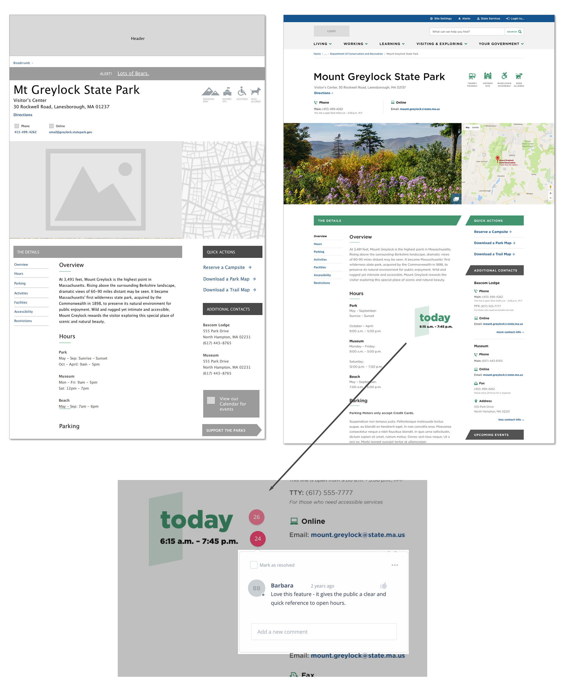Side by side view of the State Park content wireframe and design