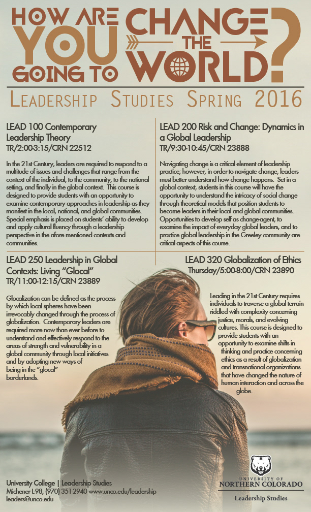 Poster promoting the course offerings for the Leadership Studies Program
