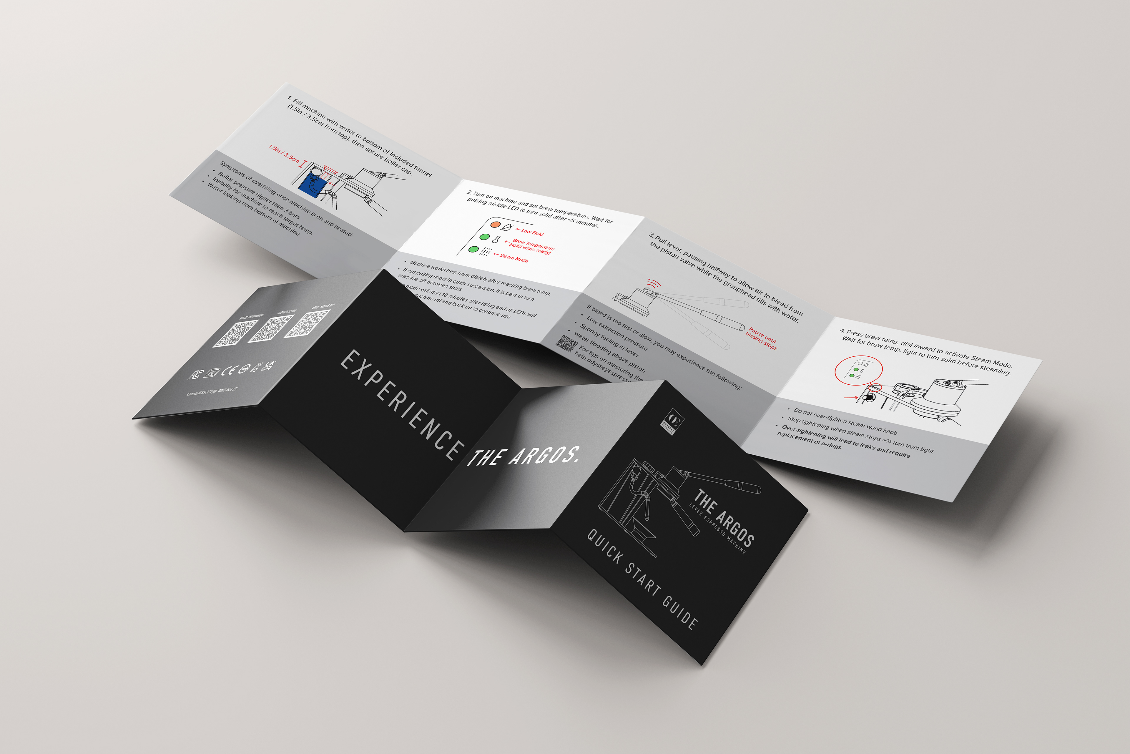 A simple quick start guide featuring technical illustrations giving approachable instructions on how to use the complex machine