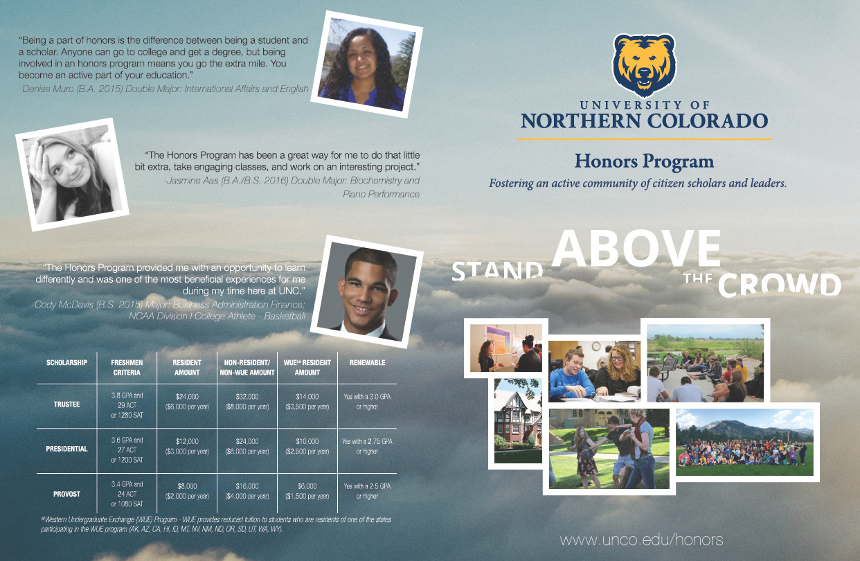 Outer cover of a brochure covering the basics of the Honors program, featuring student testimonials