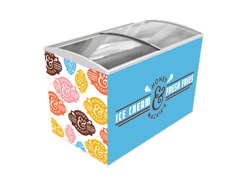 On the right is the new cooler that brings out the brand of Honey & Mackie's and below are a series of new packaging for the ice cream pints for customers to take home. The new designs will guarantee buyers to stop and take an extra look!