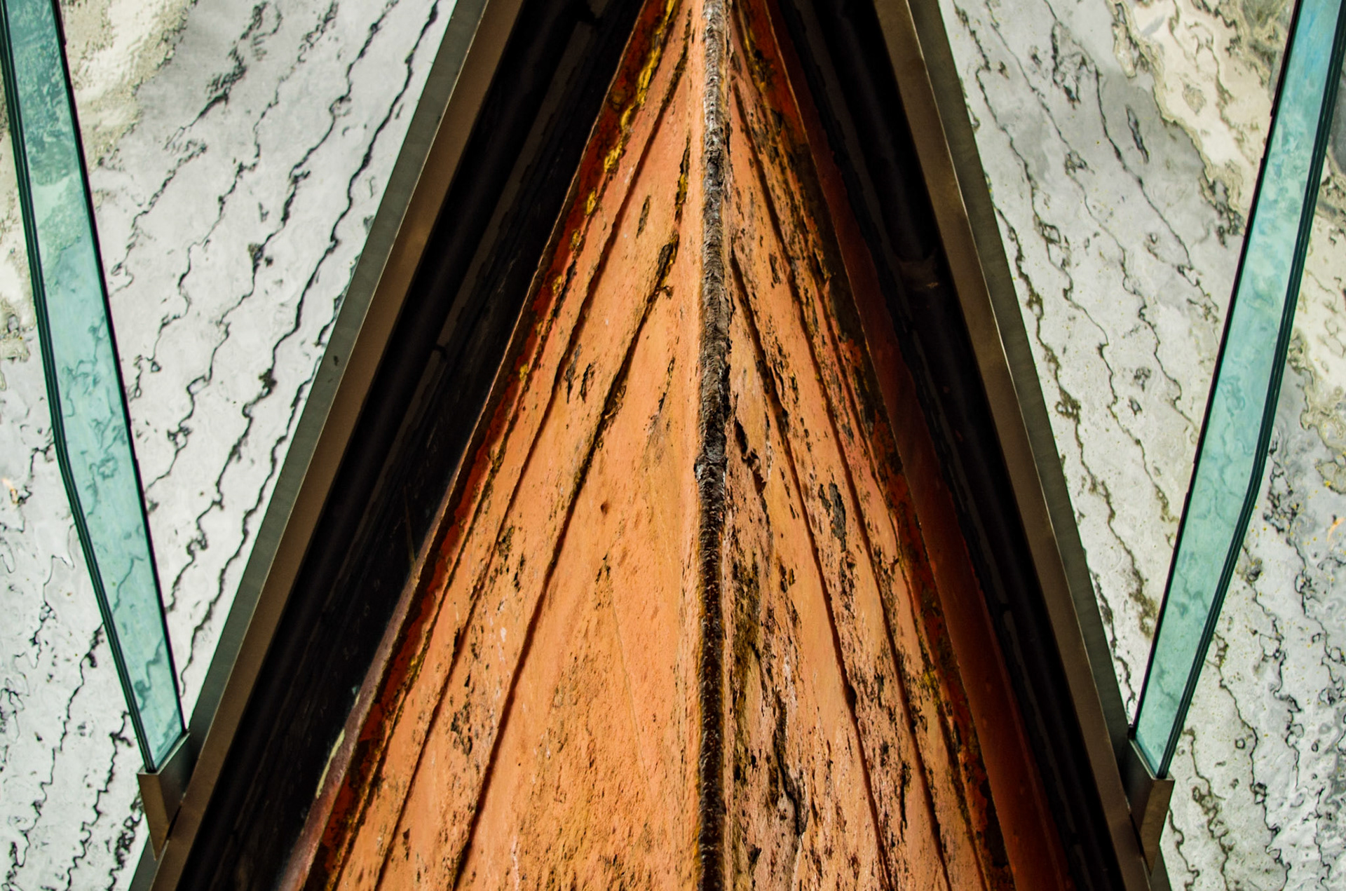 Looking up at the bow of SS Great Britain from its dry dock.