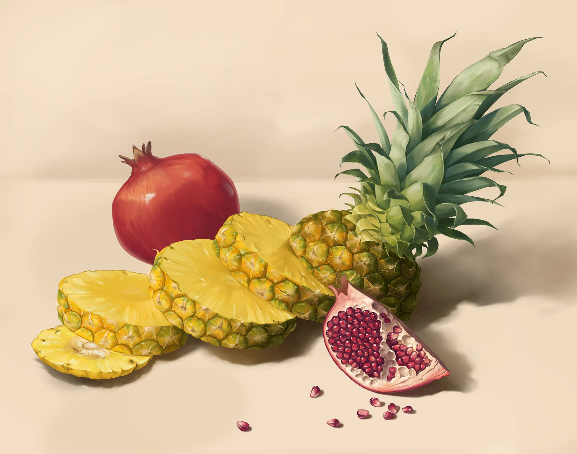 Pineapple and pomegranate cross-sectional still life - digital painting (2021)