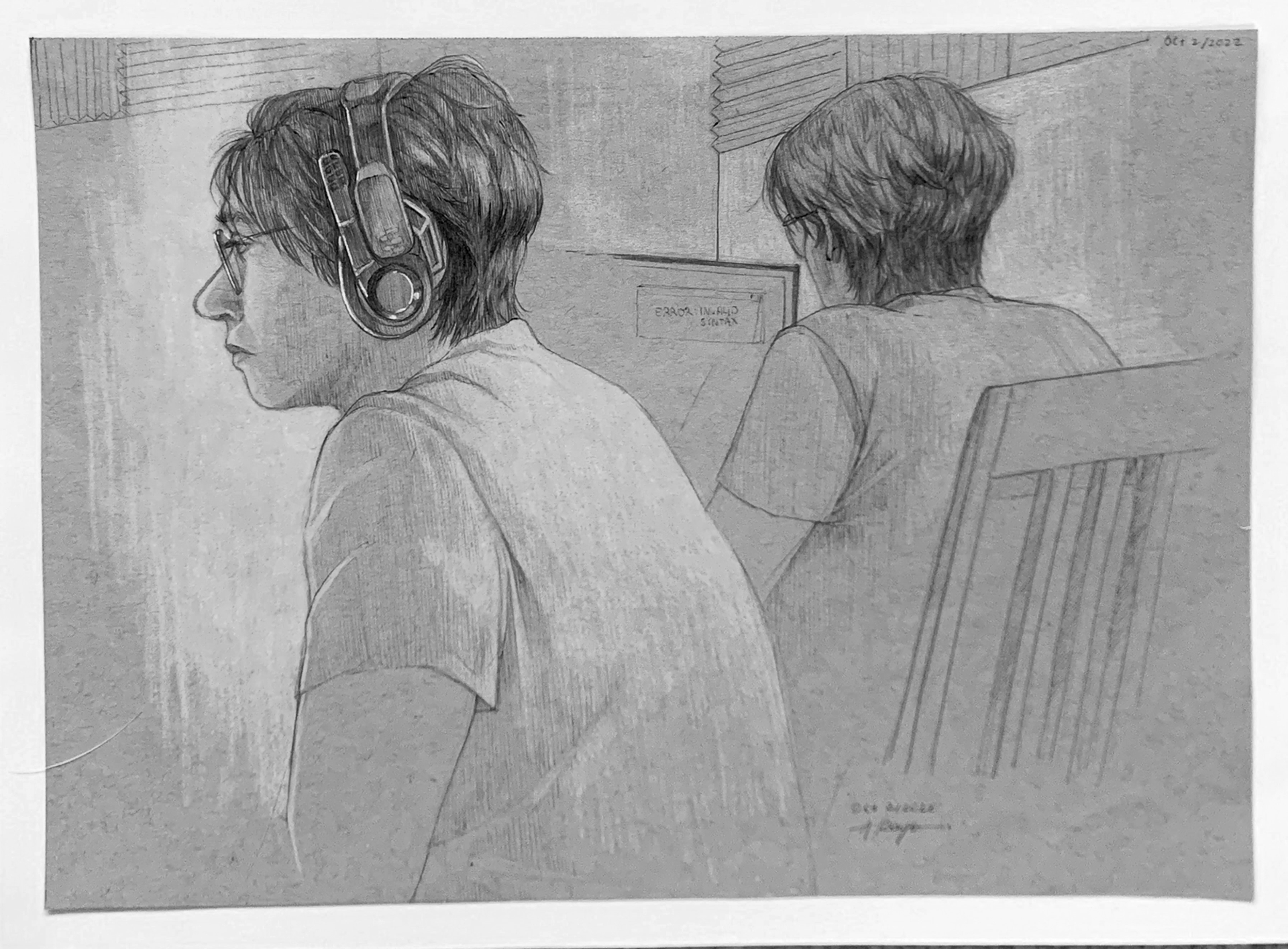 "Portrait of Zhen Yi" - ballpoint pen and pencil crayon on grey-toned paper (2022)