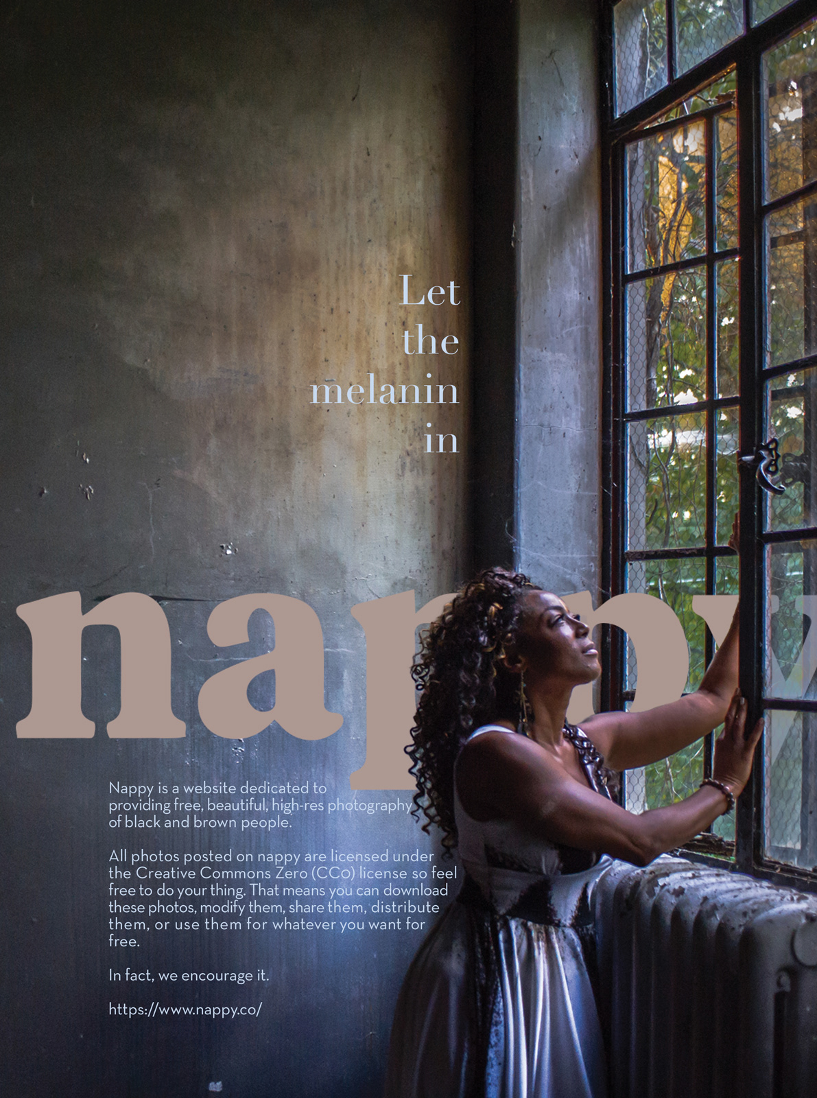 A school extra-credit project to create a one-page magazine ad promoting nappy.co—a website providing free creative commons licensed, high-res stock photography of people of color. (image from nappy.co)