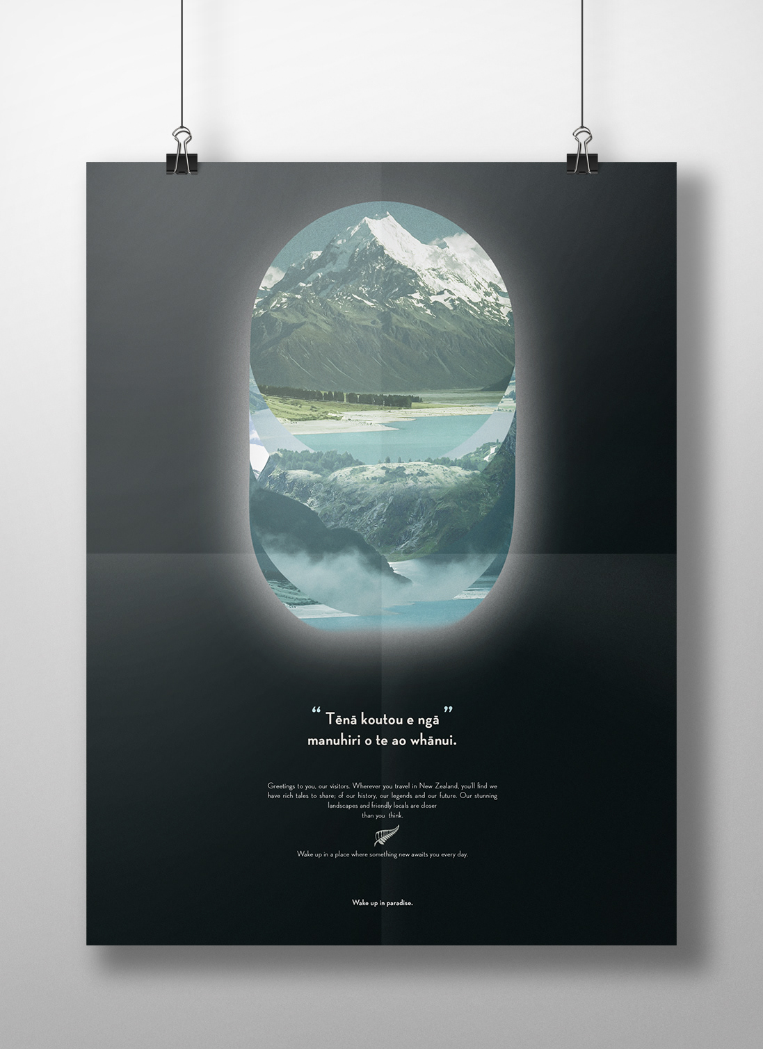 A school project designing tourism promotions for the country of New Zealand. We were provided with 5 images we could use.