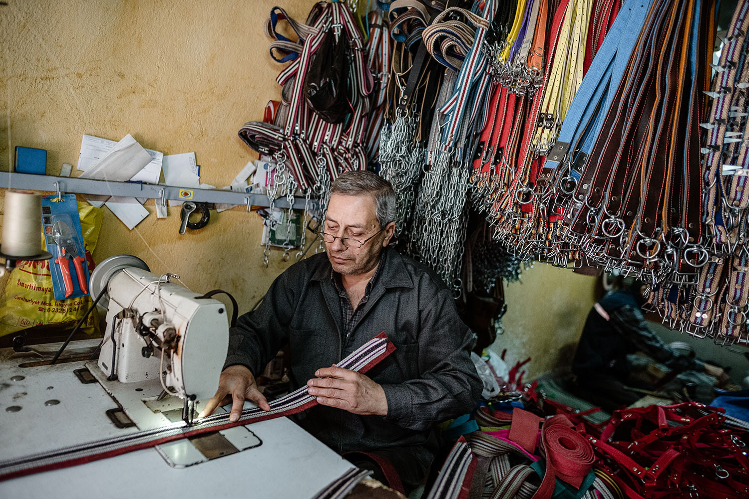 A harnessmaker stitching a harness in his workshop. The harnesses are used mainly with horses in the area.