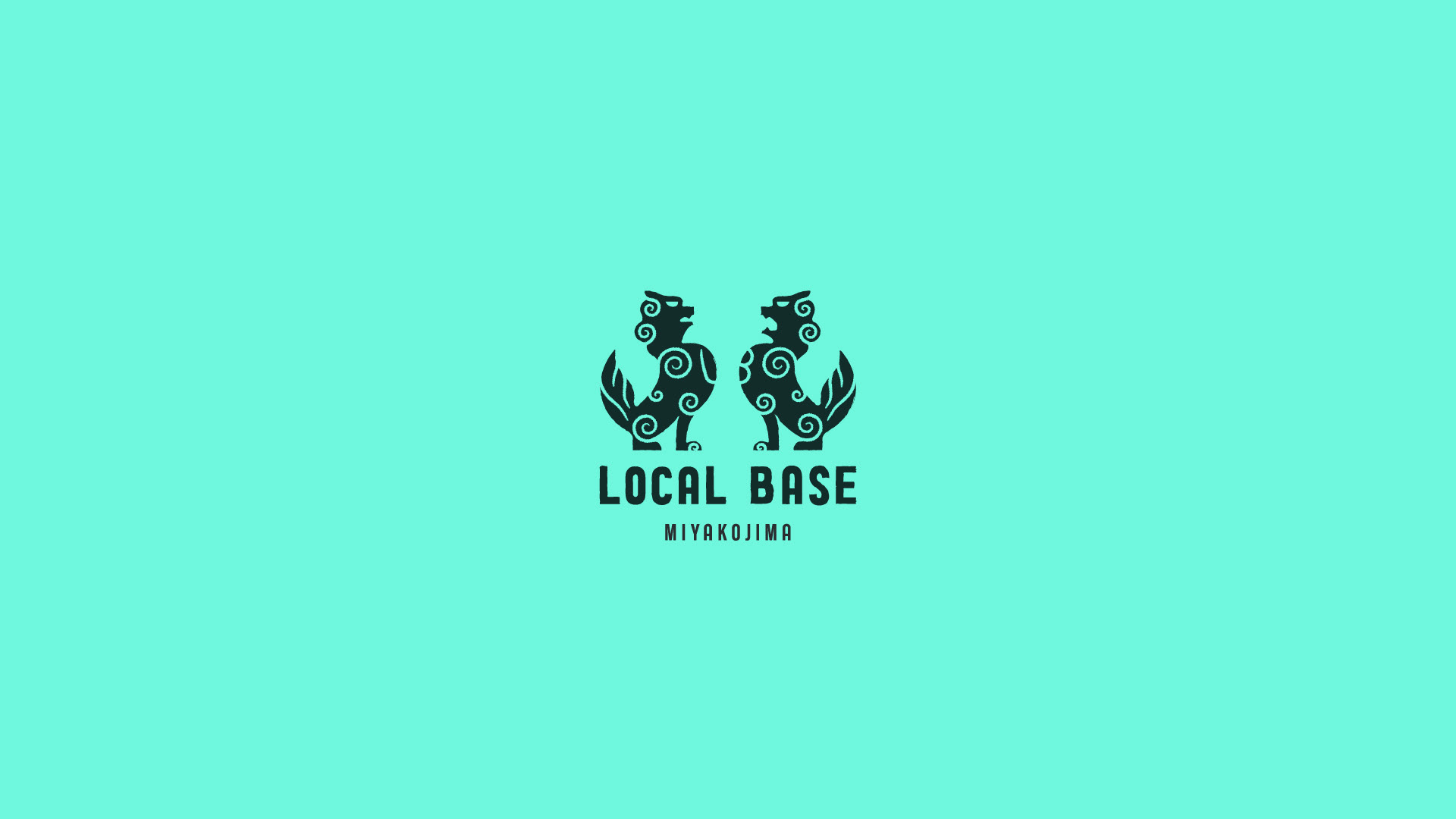 The logo design for LOCAL BASE MIYAKOJIMA centered on a solid turquoise background, featuring two dark green stylized Shisa lion-dog silhouettes facing each other above bold sans-serif typography.