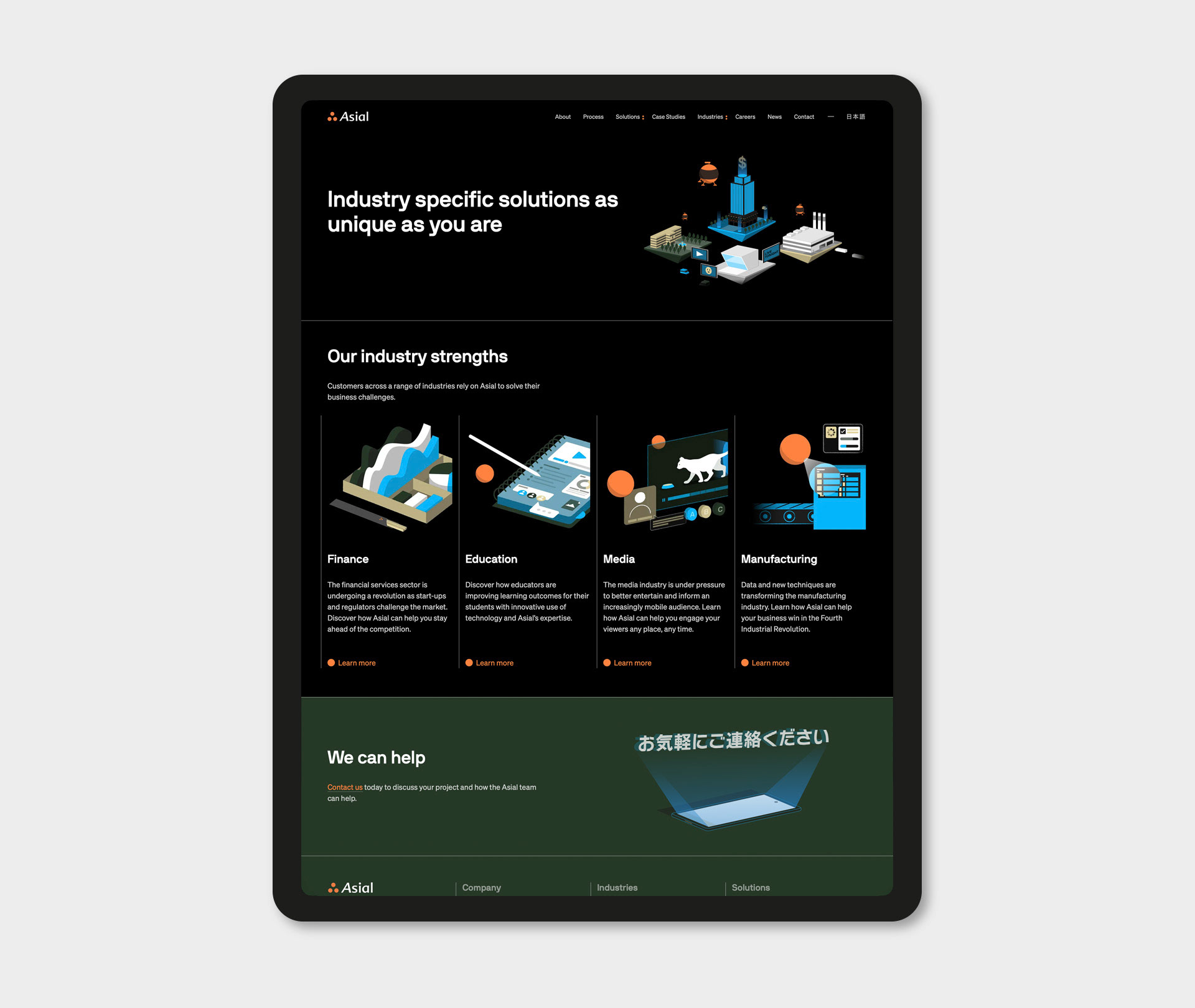 Corporate website user interface design mockup for Asial, displayed on a tablet screen with a dark mode aesthetic, clean grid layouts, technical isometric illustrations, and vibrant blue and orange graphic elements.