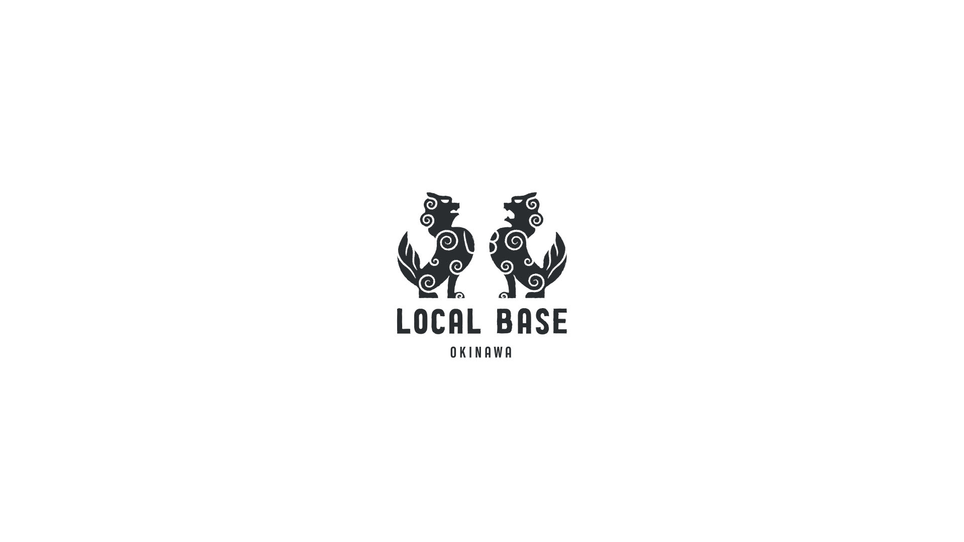 The logo design for LOCAL BASE MIYAKOJIMA centered on a solid white background, featuring two dark green stylized Shisa lion-dog silhouettes facing each other above bold sans-serif typography.