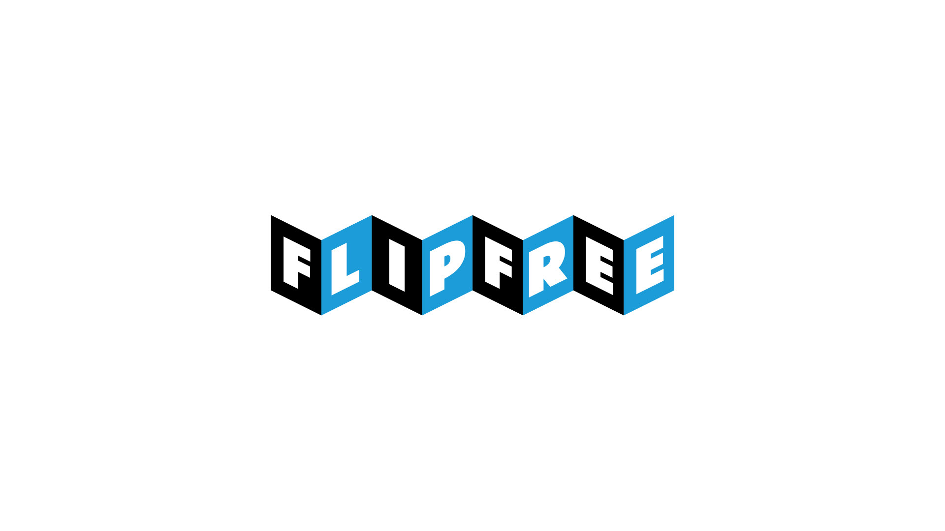 The logo design for FLIPFREE, featuring bold white sans-serif typography spelled out across a 3D accordion-folded geometric ribbon with alternating black and bright blue panels.