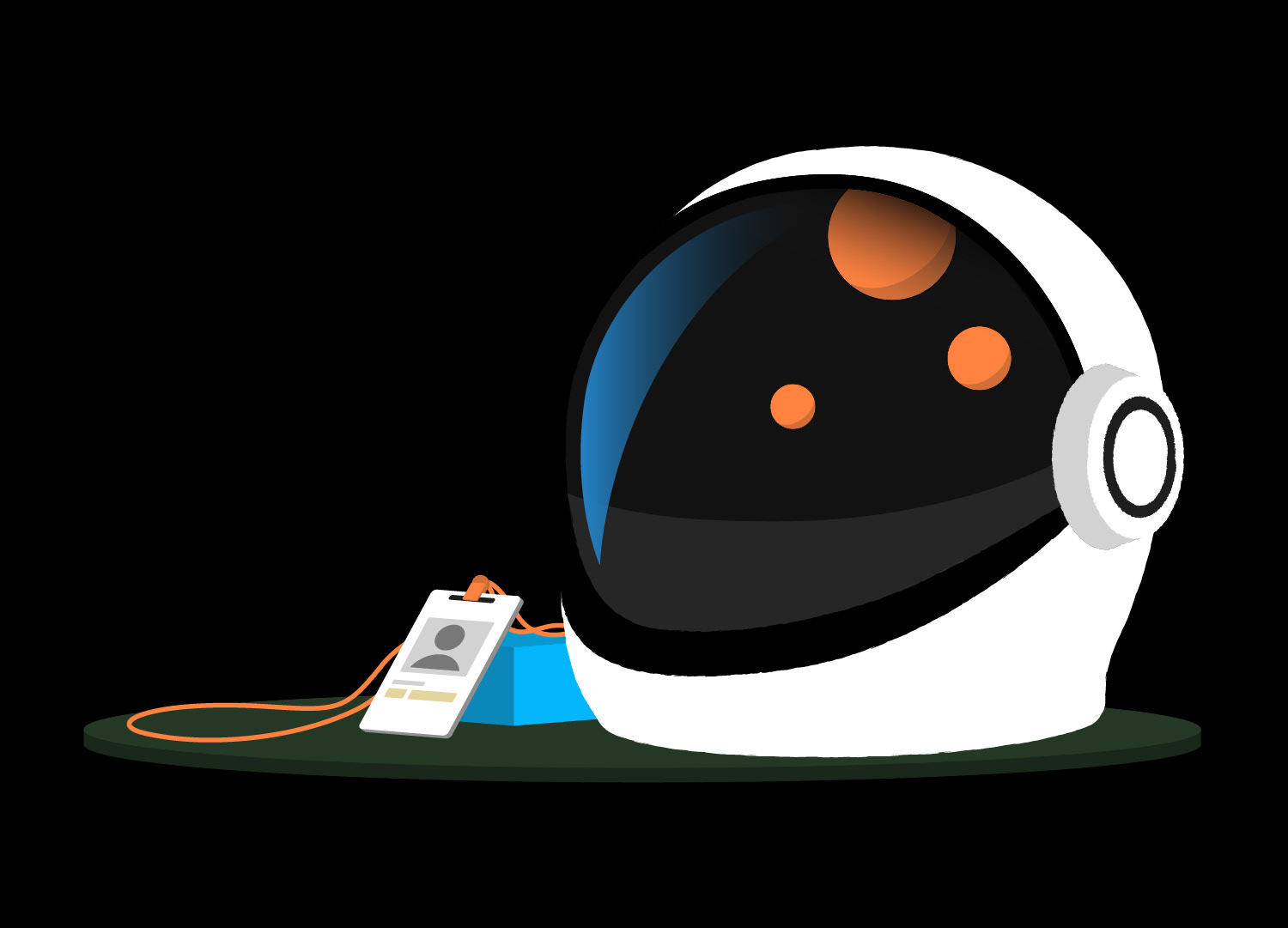 Flat vector brand illustration depicting digital onboarding or technical identity, featuring a white astronaut helmet with a dark visor reflecting orange spheres, positioned alongside a corporate ID badge and lanyard on a dark olive green base against a black background.