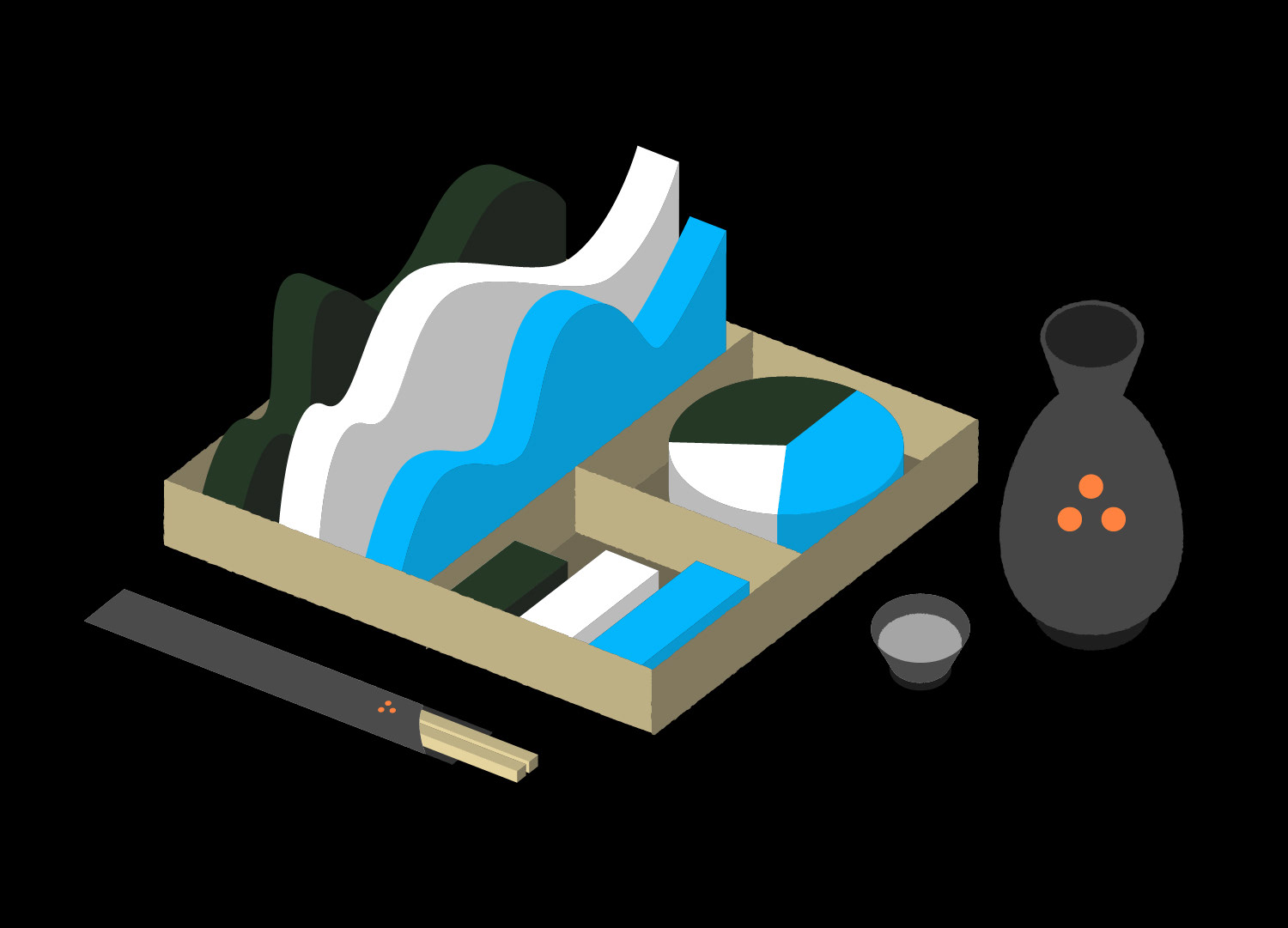 Isometric data visualization vector illustration designed as a Japanese bento box concept, where stylized area charts resemble mountains, a pie chart mimics food compartments, and sushi rolls represent smaller data points, paired with a matching sake carafe and chopsticks on a black background.