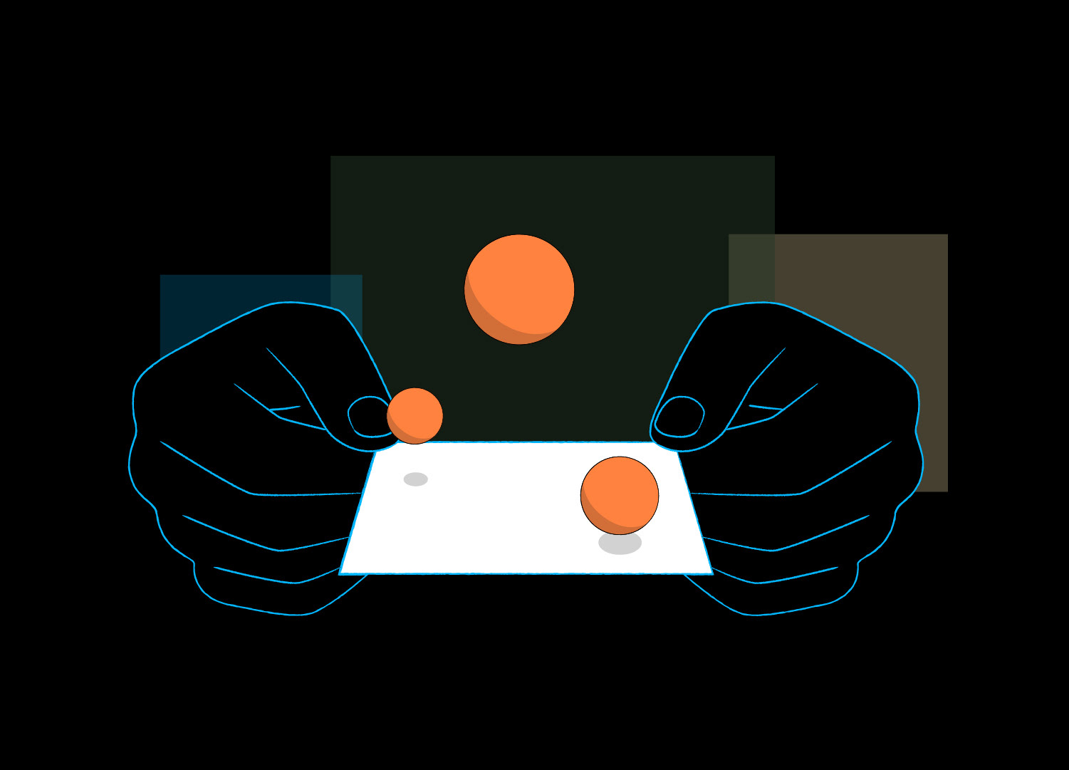 Abstract vector brand illustration for Asial, depicting a pair of hands outlined in blue holding a white rectangular panel, with minimalist orange spheres floating and casting shadows, set against a dark background with translucent geometric blocks.