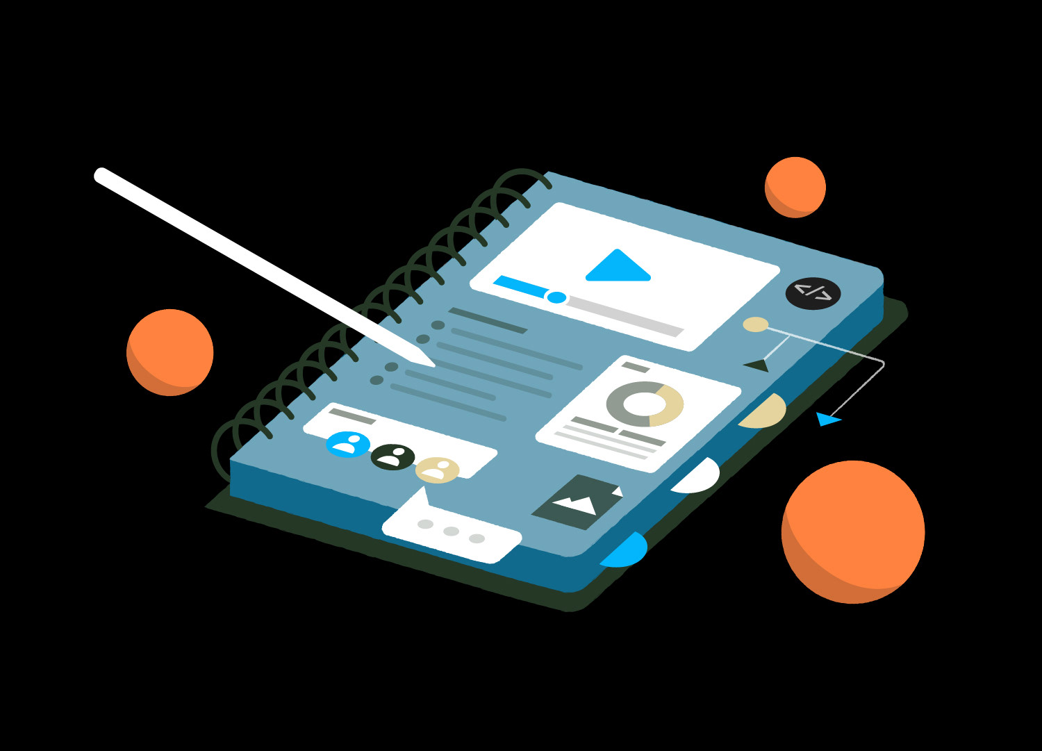 Isometric UI/UX vector illustration of a digital notebook concept, featuring a spiraled tablet interface styled with media player modules, user profile icons, and code snippets, interacted with by a sleek white stylus and accented by floating orange spheres on a solid black background.