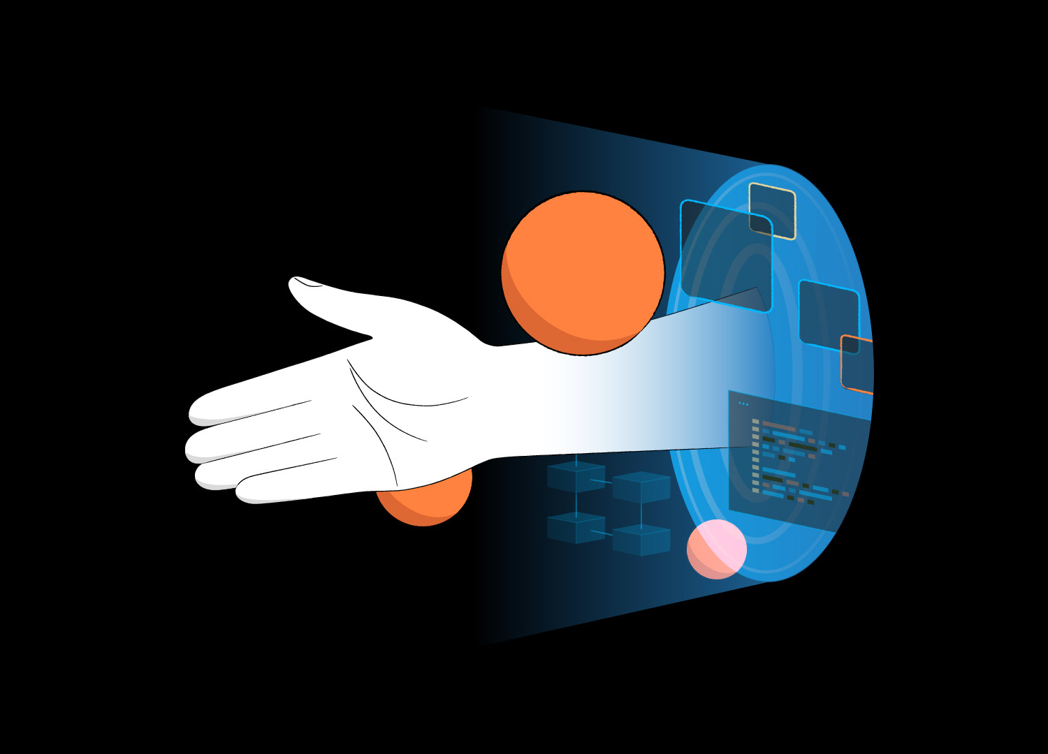 Flat vector brand illustration depicting digital partnership, featuring a solid white hand reaching out from a circular blue user interface portal that displays code lines and abstract layout panels, surrounded by floating orange spheres on a black background.