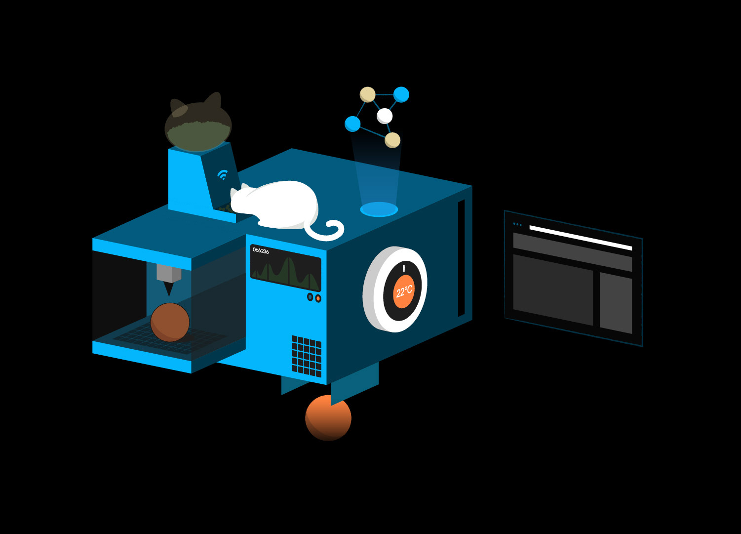 Isometric vector illustration of a smart pet feeder and monitoring station concept, featuring a white cat sleeping on top of a futuristic blue machinery unit with a temperature dial, 3D printing food capsule, and floating network node graphic on a solid black background.