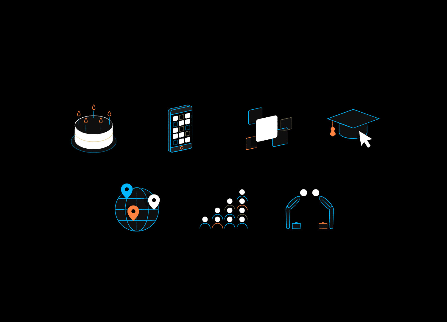 A custom icon set and brand asset library designed for the Asial website, featuring minimalist linear graphics including a birthday cake, smartphone, abstract UI tiles, graduation cap, globe pins, team growth pyramid, and business bow vectors in a unified white, blue, and orange style on a solid black background.