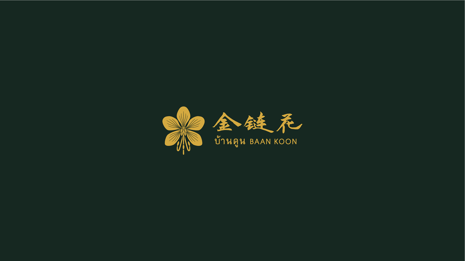 The horizontal lockup layout of the BAAN KOON logo in an inverted color scheme, with the golden flower icon placed to the left of the gold multilingual typography on a dark forest green background.