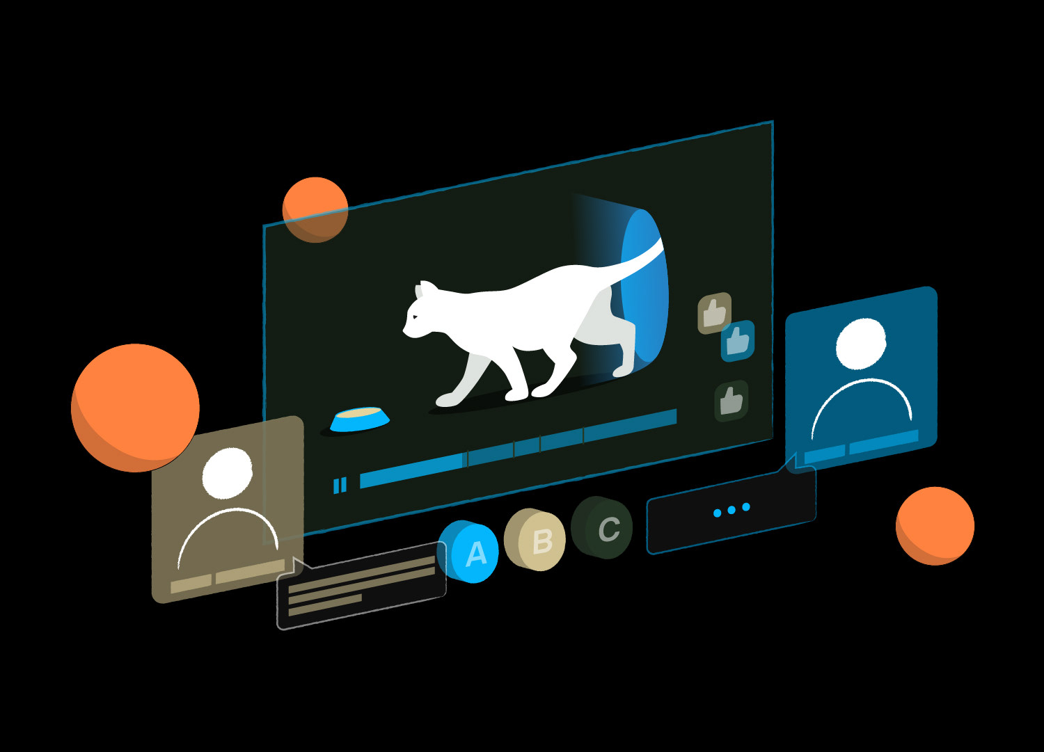  Isometric UI/UX vector illustration of an interactive pet monitoring video interface concept, featuring a white cat walking across a digital video player timeline, layered alongside user profile panels, social feedback icons, and minimalist orange spheres on a black background.