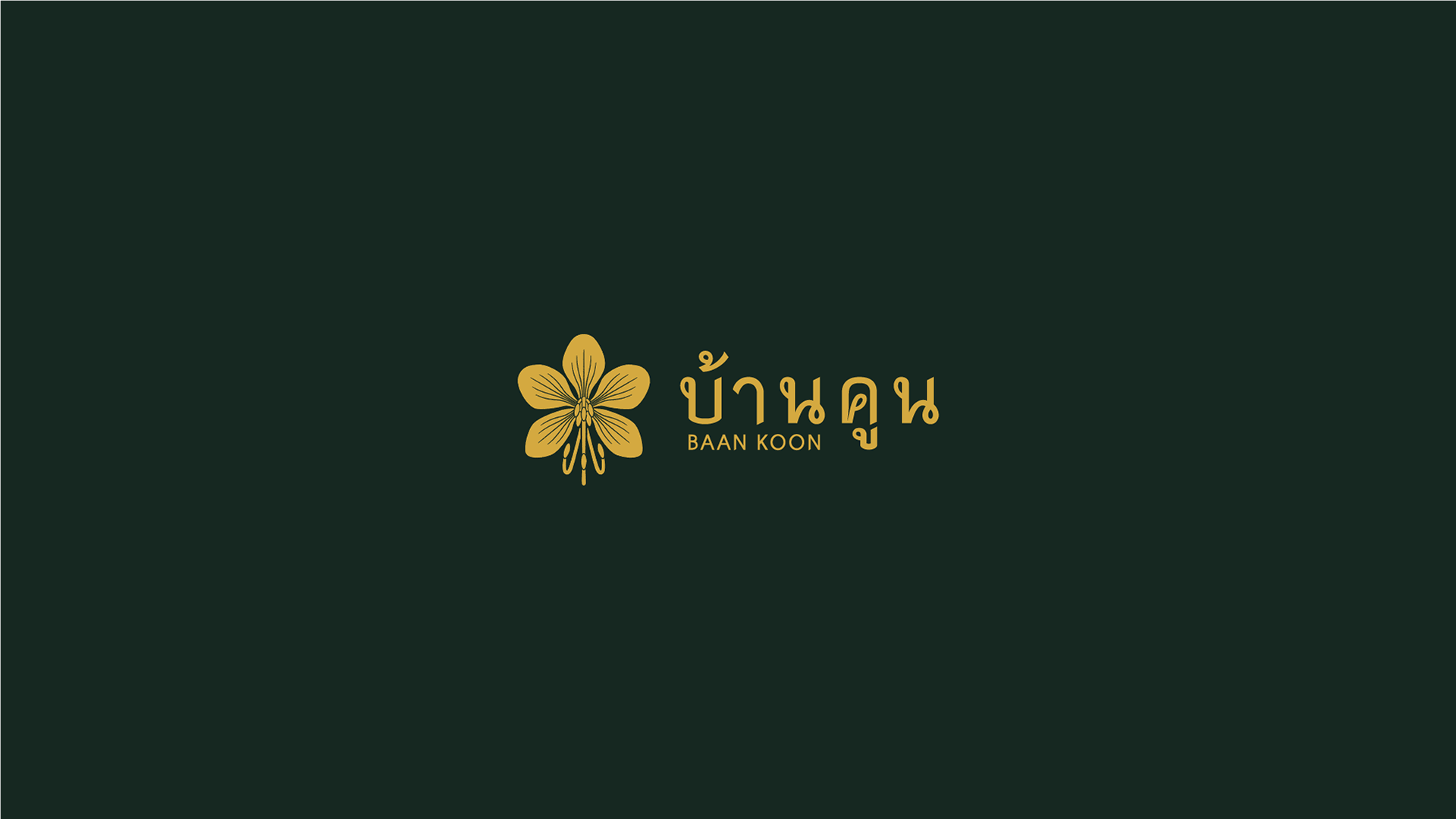 A simplified horizontal lockup variation of the BAAN KOON logo, featuring the golden flower icon to the left of the gold Thai script and English typography on a dark forest green background.