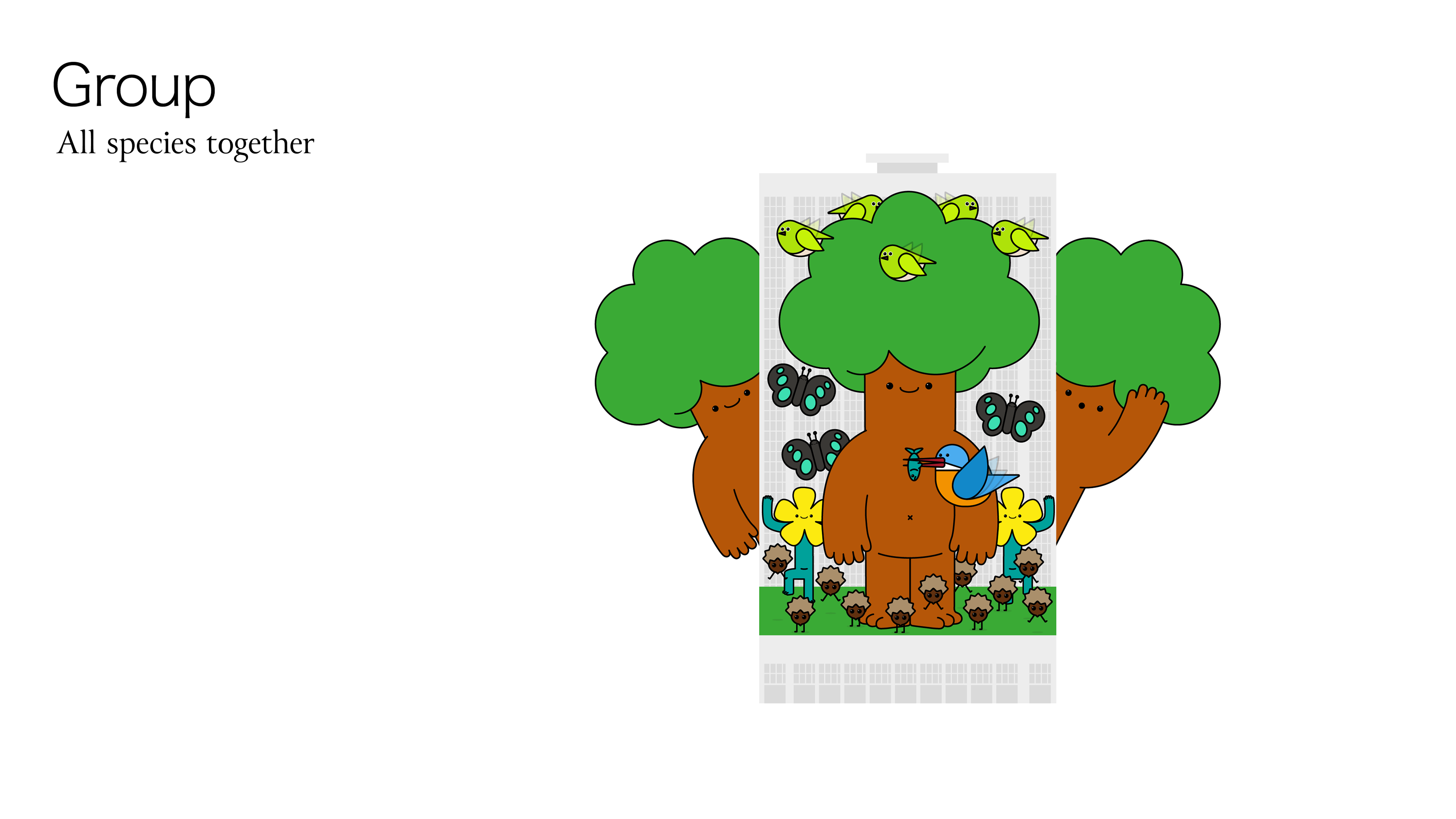 An augmented reality (AR) app design concept sheet titled 'Group | All species together,' showcasing an interactive group illustration of all five minimal cartoon nature characters gathered around a smartphone screen on a white background.