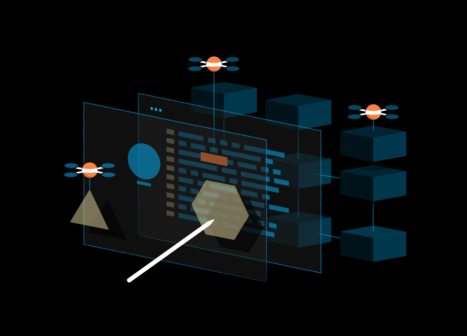 Technical isometric vector illustration designed for the Asial digital ecosystem, depicting abstract user interface panels, data blocks, and small orange drone graphics connected by network lines on a solid black background.