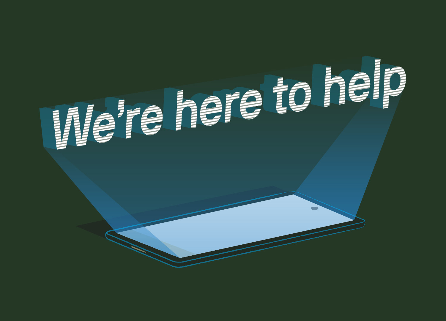  Isometric vector illustration designed for the Asial brand website, depicting the phrase "We're here to help" projected as a glowing blue 3D holographic text display from a flat smartphone screen against a dark olive green background.