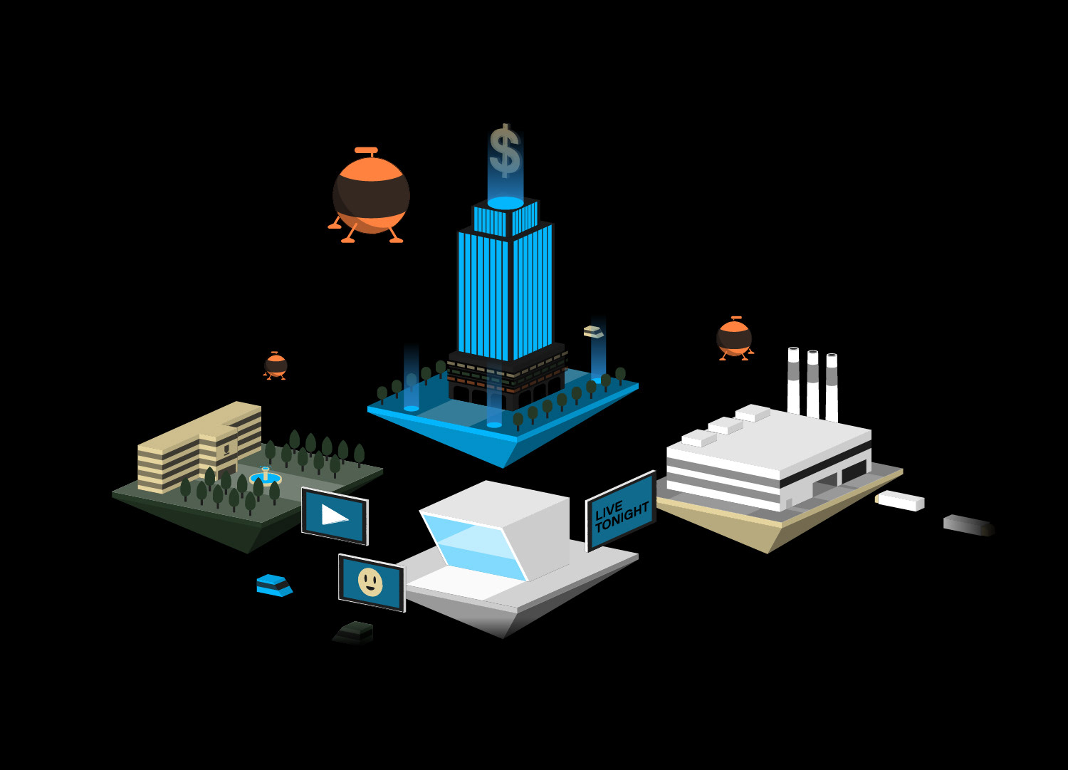 Isometric vector illustration representing a smart city data network concept, featuring floating geometric land segments containing a blue corporate skyscraper topped with a dollar sign, a factory, an entertainment venue, and a university campus, connected by futuristic orange drones against a solid black background.