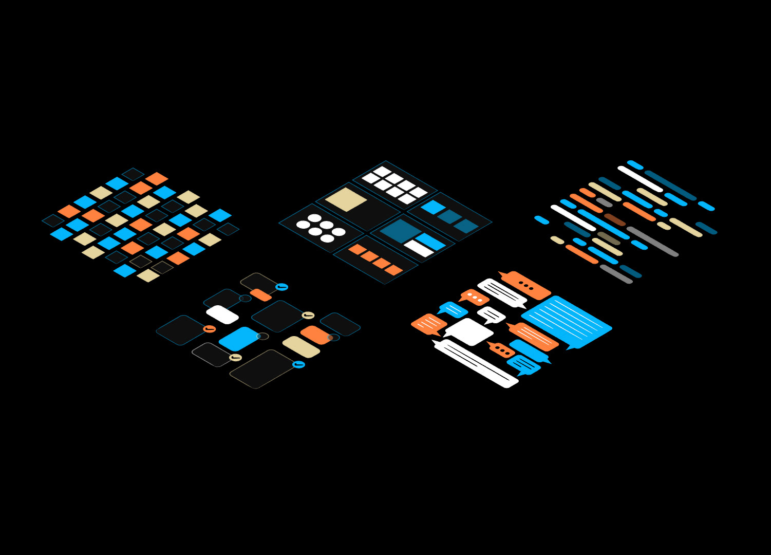 Five isometric vector graphics representing abstract digital UI components—including a checkered data grid, a wireframe panel, lines of code, an interactive flowchart, and a cluster of chat message bubbles—styled in a cohesive blue, orange, and white palette on a black background.