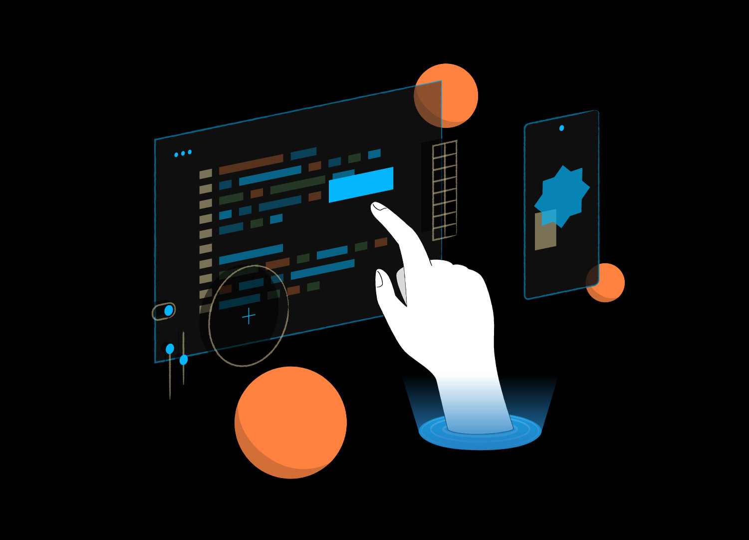 Technical vector illustration designed for the Asial brand website, depicting a solid white hand reaching up to interact with a translucent blue user interface window displaying lines of code, styled with minimalist orange spheres and a floating smartphone graphic on a deep black background.