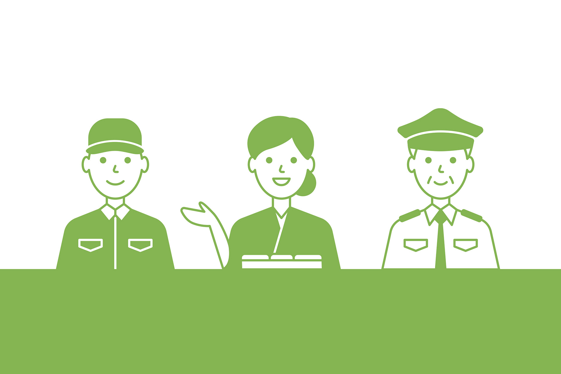 Flat vector infographic character illustrations designed for a corporate brand, featuring three workers—a maintenance laborer, a customer service representative, and a security guard—rendered in a minimalist green line art style on a solid white and green background.