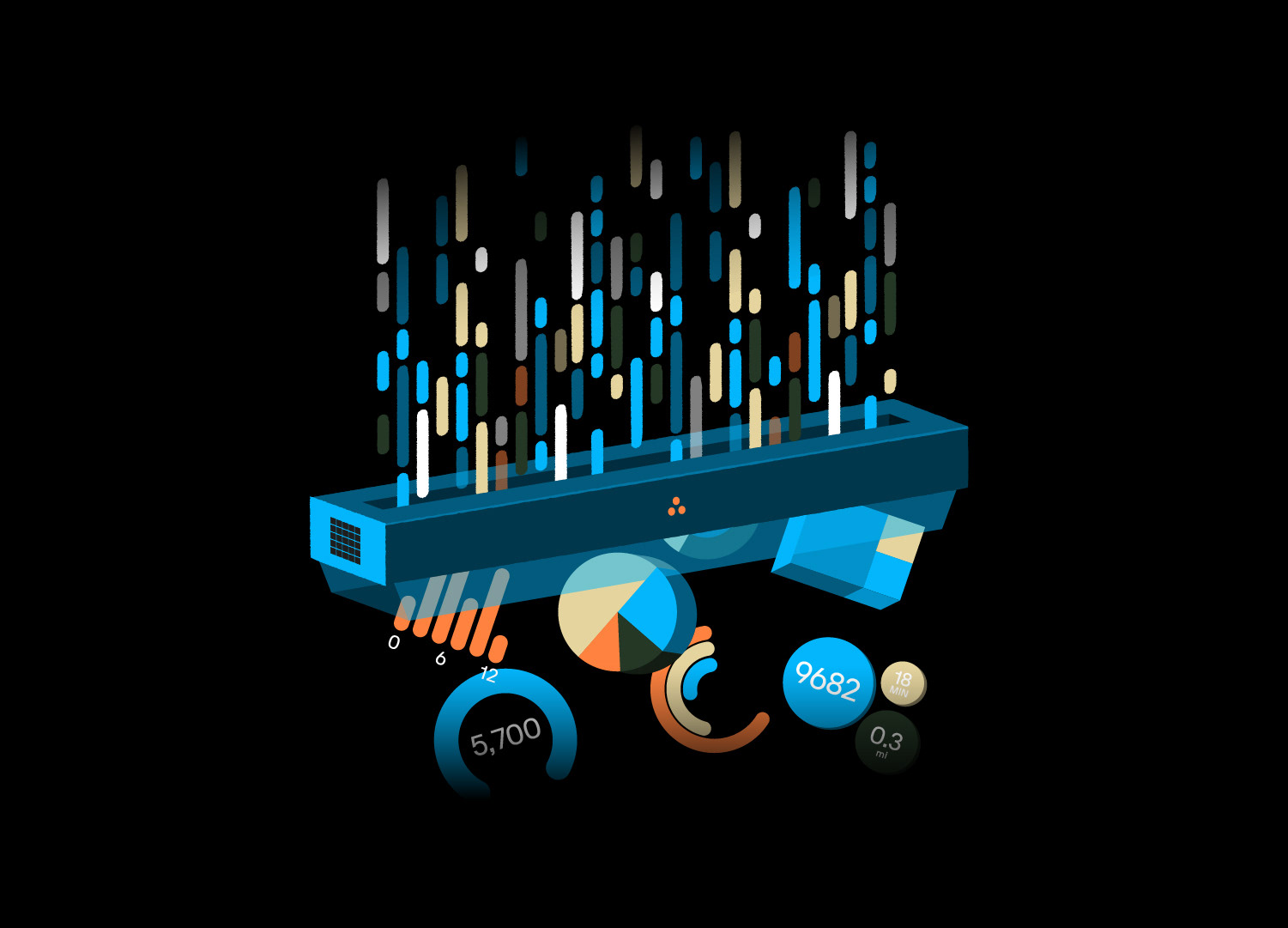  Isometric data visualization vector illustration, depicting abstract digital rain filtering through a blue processing container to generate data dashboards, pie charts, metric readouts, and radial graphs against a solid black background.