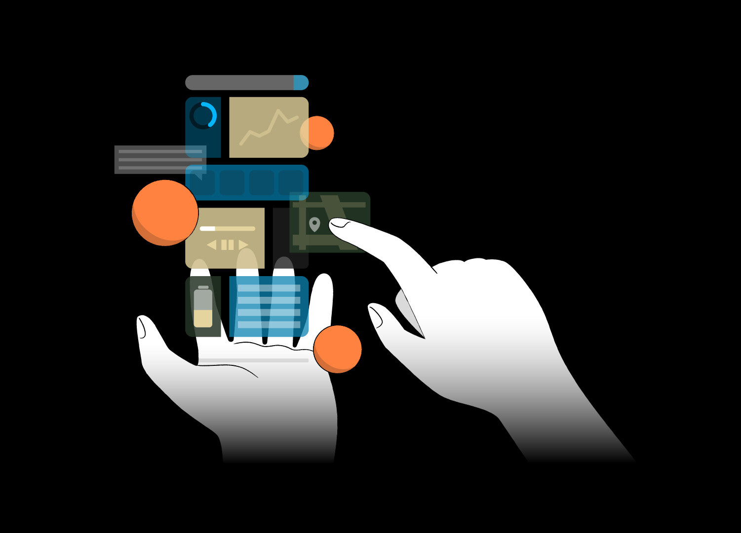 Vector brand illustration depicting mobile UI/UX interaction, featuring two solid white hands holding and tapping a floating smartphone layout composed of abstract data modules, map pins, and slider controls, accented by orange spheres on a black background.
