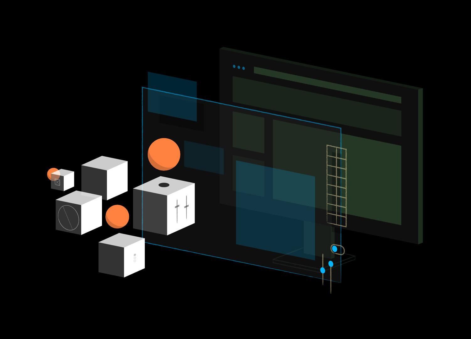 Technical isometric vector illustration designed for the Asial brand website, featuring a desktop browser mockup layout layered behind translucent blue interface panes, orange spheres, and minimalist white 3D modules on a solid black background.
