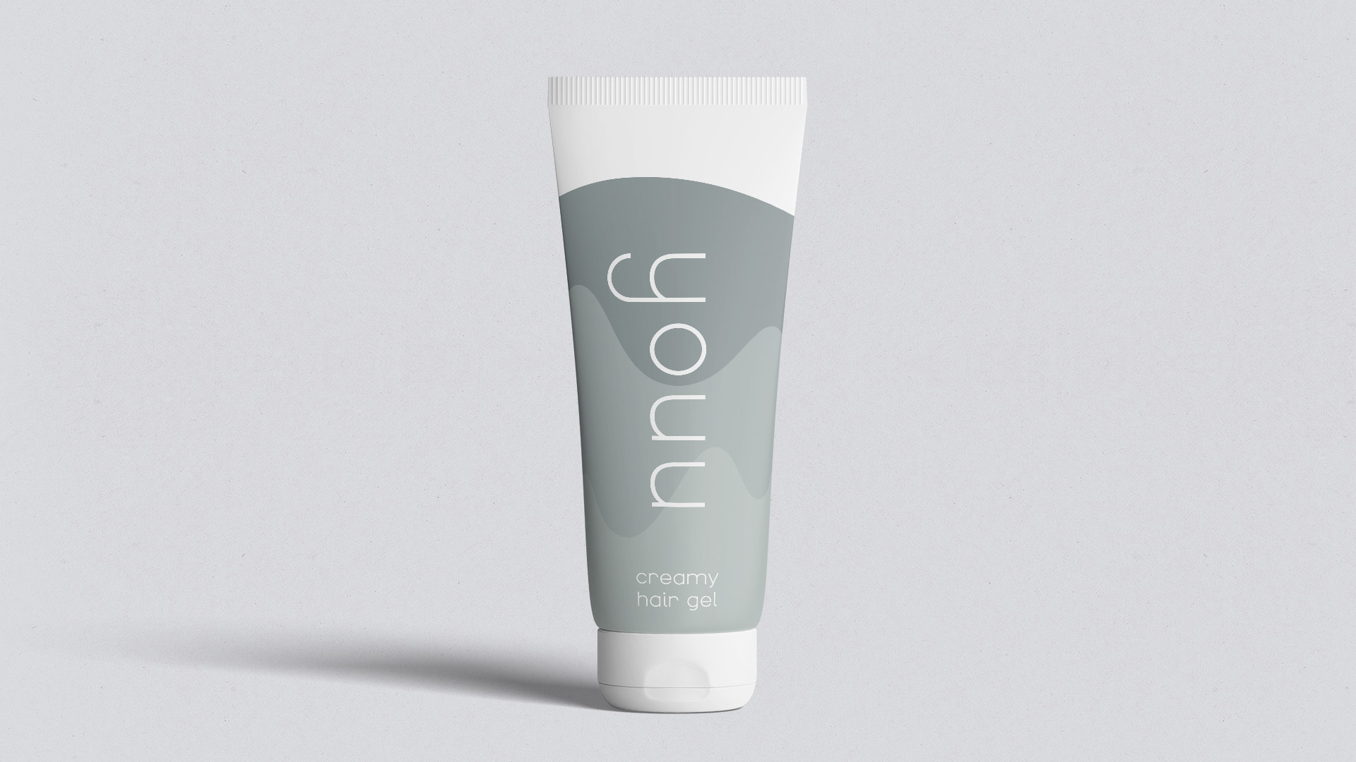 Minimalist packaging design for "youu" creamy hair gel, featuring a white squeeze tube centered against a light gray textured background with an organic, wavy gray abstract pattern and clean sans-serif typography