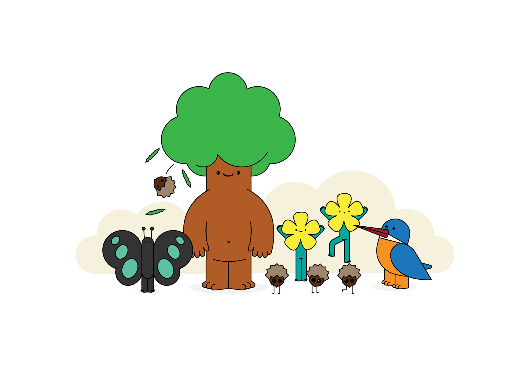 A minimalist digital illustration of a cute cartoon tree monster standing among stylized nature characters, including a large black butterfly, two yellow flower people, three tiny brown pinecone creatures, and a blue kingfisher bird against a soft beige cloud background.