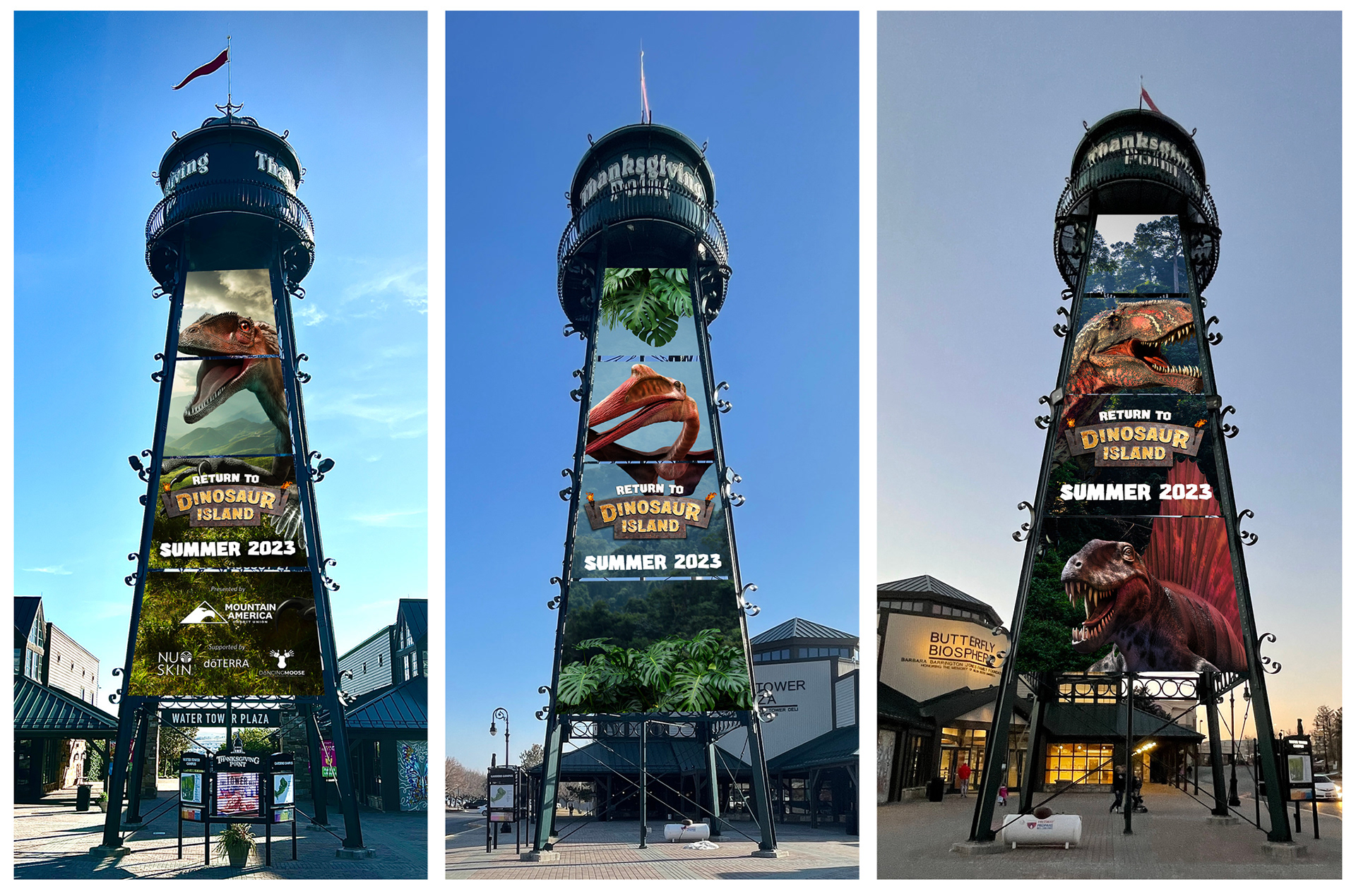 Three mockups of oversized banners displayed on a large water tower at Thanksgiving Point in Lehi, Utah, advertising an event called 'Dinosaur Island' for Summer 2023. Each banner features different dinosaur illustrations with the text 'Return to Dinosaur Island' and 'Summer 2023.' The banners also display logos of sponsors such as Mountain America, Nu Skin, doTERRA, and others. The water tower stands prominently in an outdoor plaza with buildings and pathways visible around it.