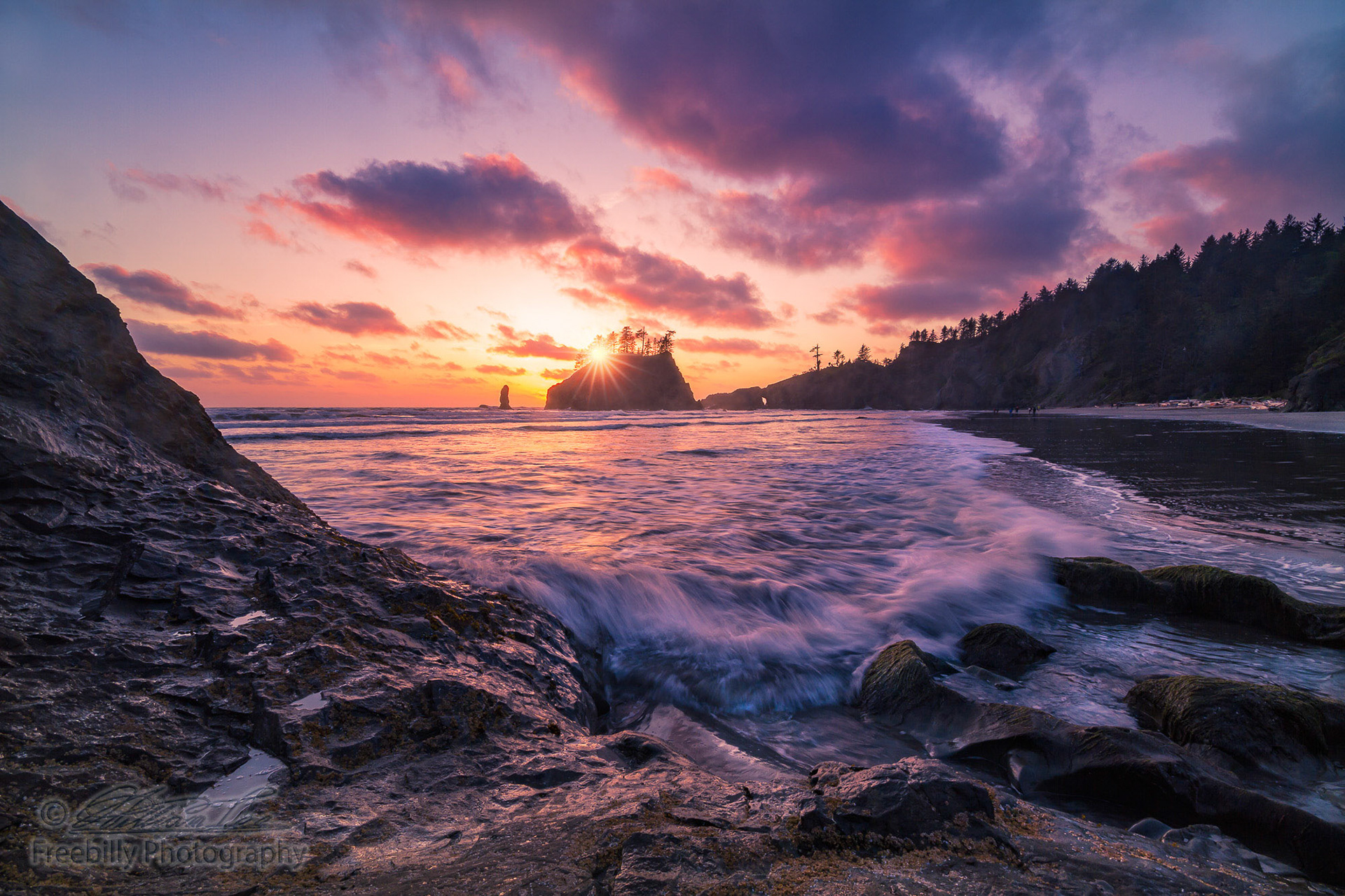 This is a sunset scene of Washington coast taken at Olympic National Park